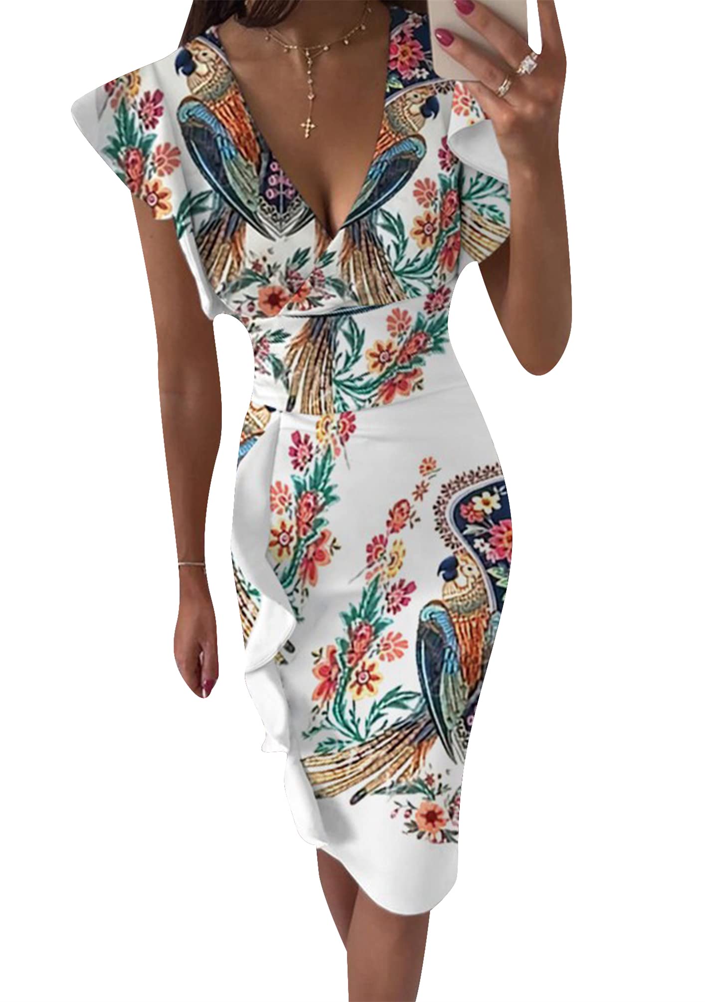 OMZIN Women's Floral Print Deep V-Neck Ruffle Sleeves Cocktail Party Pencil Dress - Elegant Formal Wear for Wedding Guest, Office & Evening Events