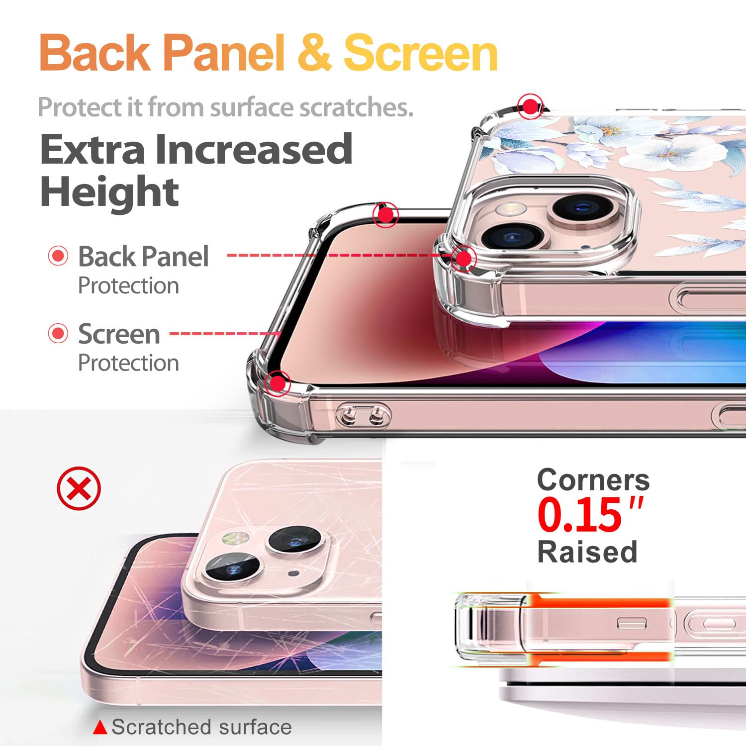 Elegant Floral Clear iPhone 15 Case with Built-in Screen Protector | Shockproof Soft Bumper Cover for Women | 6.1 Inch Protective Phone Case (2023 Model, Flower-4) | Perfect for Everyday Use, Work & Travel
