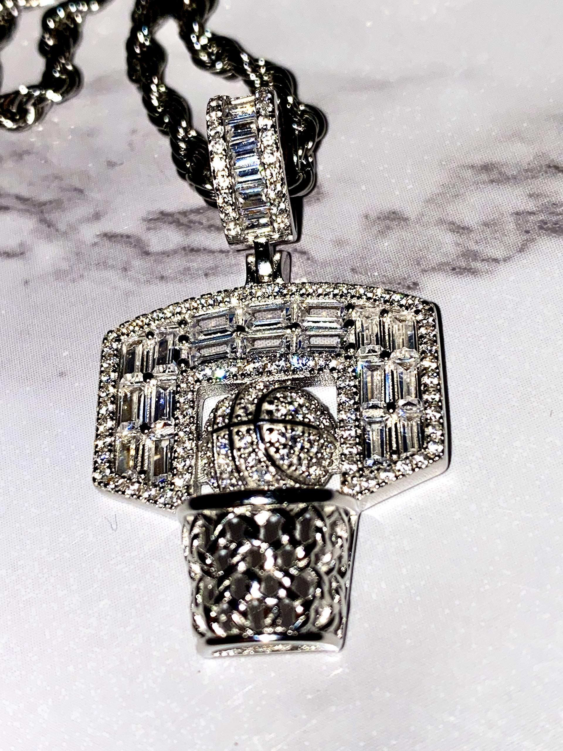 925 Sterling Silver Iced Out Pendant Necklace for Men & Women - Italy White Gold Finish Baguette Basketball Charm with 2mm Stainless Steel Rope Chain (16