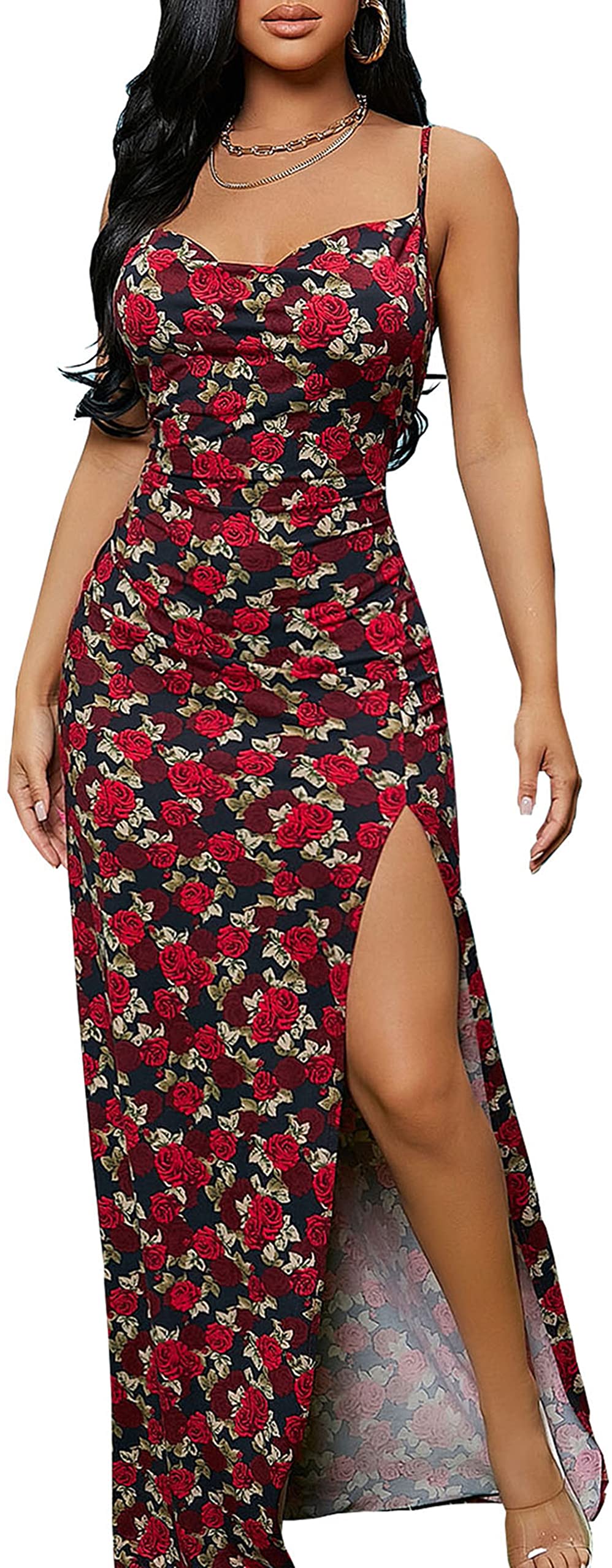 OCSTRADE Women's Sexy Floral Print Spaghetti Strap Long Maxi Dress for Summer Beach Party, Wedding Guest, Vacation & Evening Occasions
