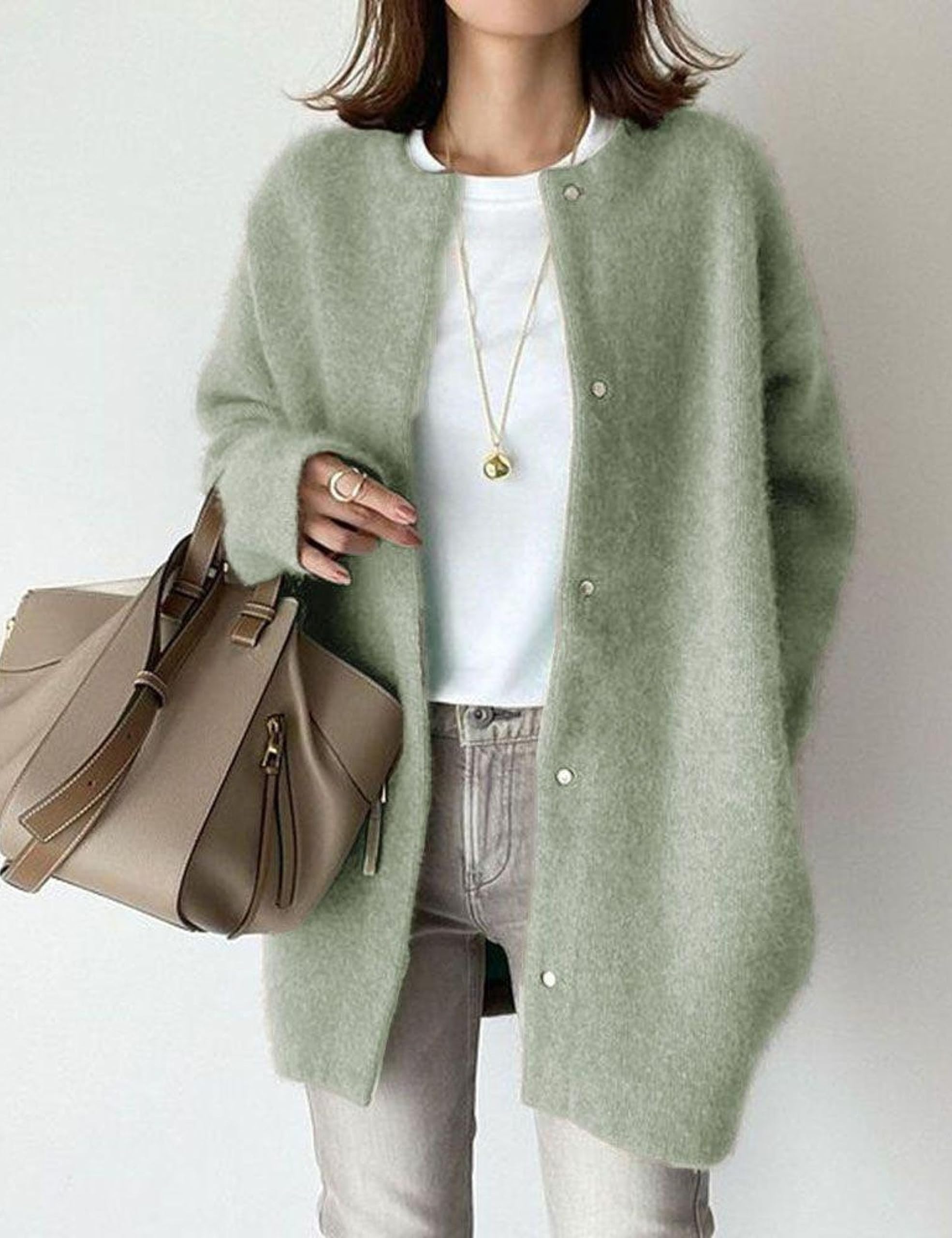 Women's Soft Fuzzy Long Sleeve Button Up Cardigan Sweater - Cozy Crewneck Mid-Length Knit Wrap for Fall & Winter - Perfect for Office, Lounge and Casual Outings