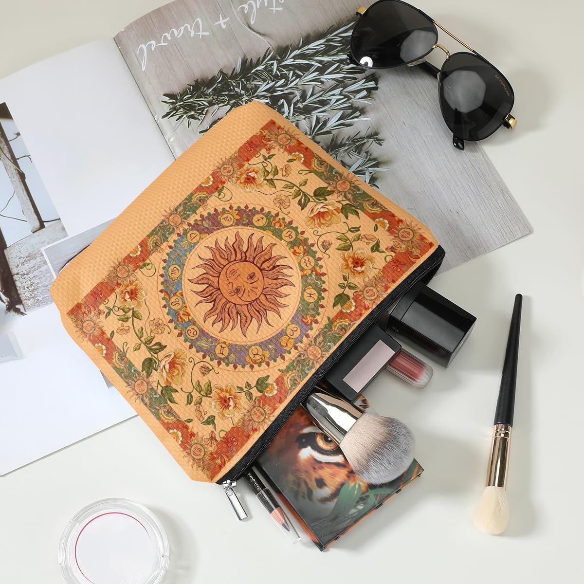 Boho Witch Cosmetic Bag - Hippie Makeup Pouch for Women & Teens - Sun & Moon Astrology Floral Travel Organizer - Perfect Gift for Mother's Day, Graduation, Birthday - Great for Travel, Daily Use & Festival Outfits