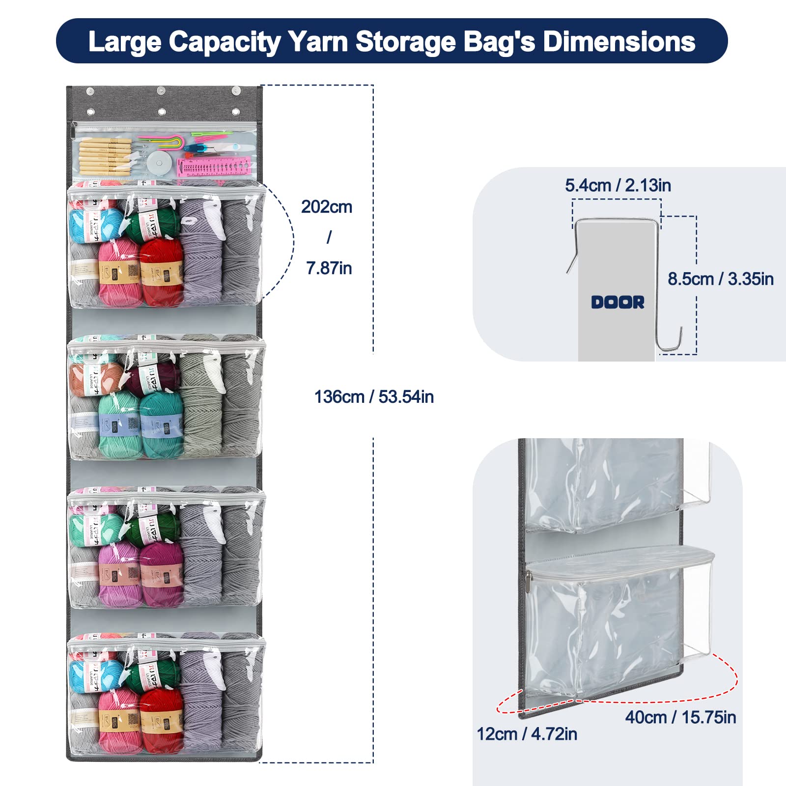 Katech Large Hanging Yarn Storage Organizer with 5 Zipper Pockets - Perfect for Knitting, Crochet & Craft Supplies - Ideal for Yarn Balls, Crochet Hooks & Needles - Space-Saving Wall or Closet Storage Solution for Craft Rooms & Small Spaces