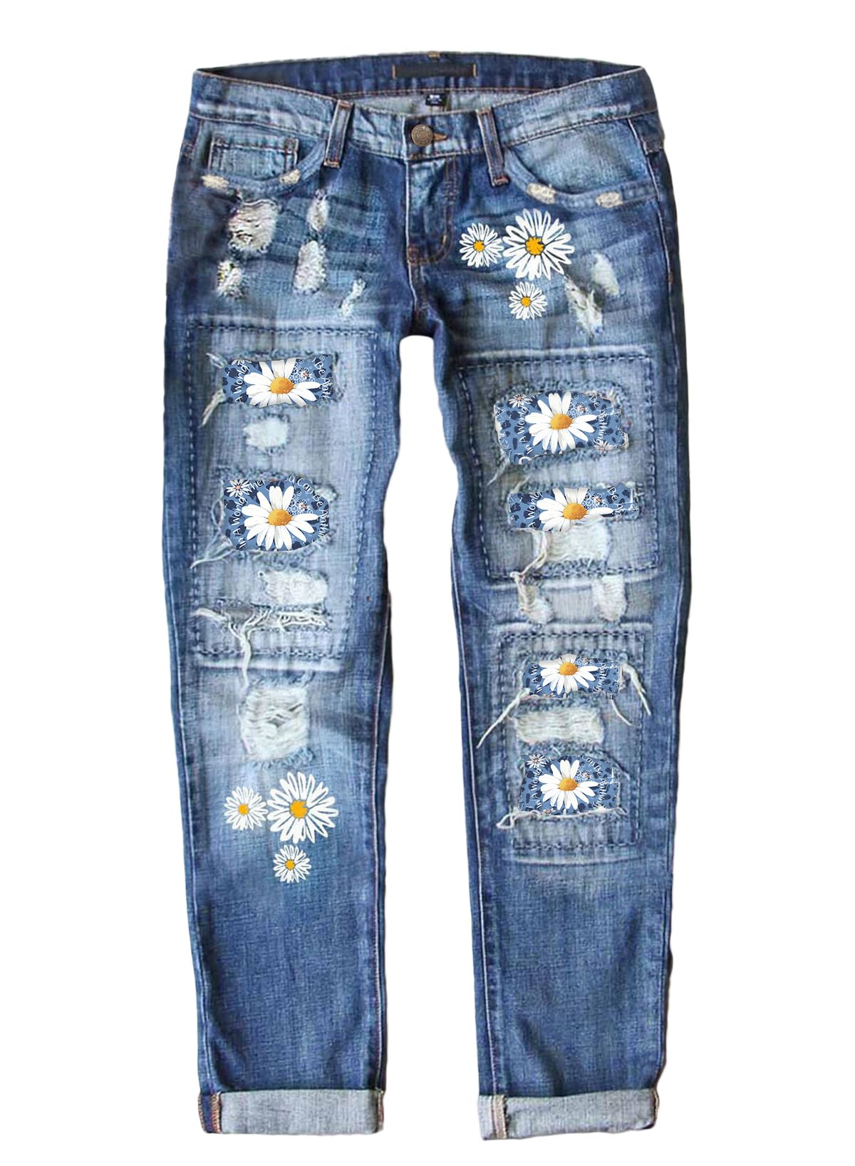 EVALESS Women's Ripped Boyfriend Jeans - Distressed Skinny Denim Pants with Plaid Patch Design | Casual Streetwear & Everyday Fashion
