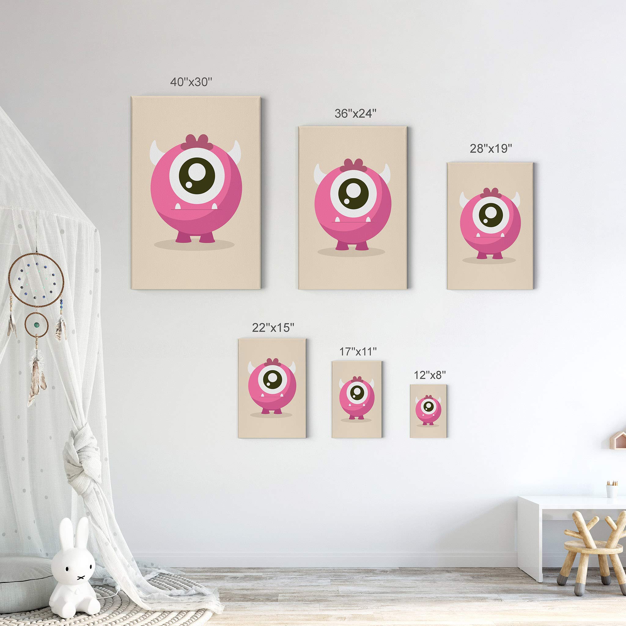 Smile Art Design Lovely Pink Monster Cream Background Canvas Print - 12x8 Inch Kids Room Wall Art, Nursery Decor, Baby Room Decoration | Ready to Hang, Made in USA | Perfect for Children's Bedrooms, Playrooms & Daycare Centers
