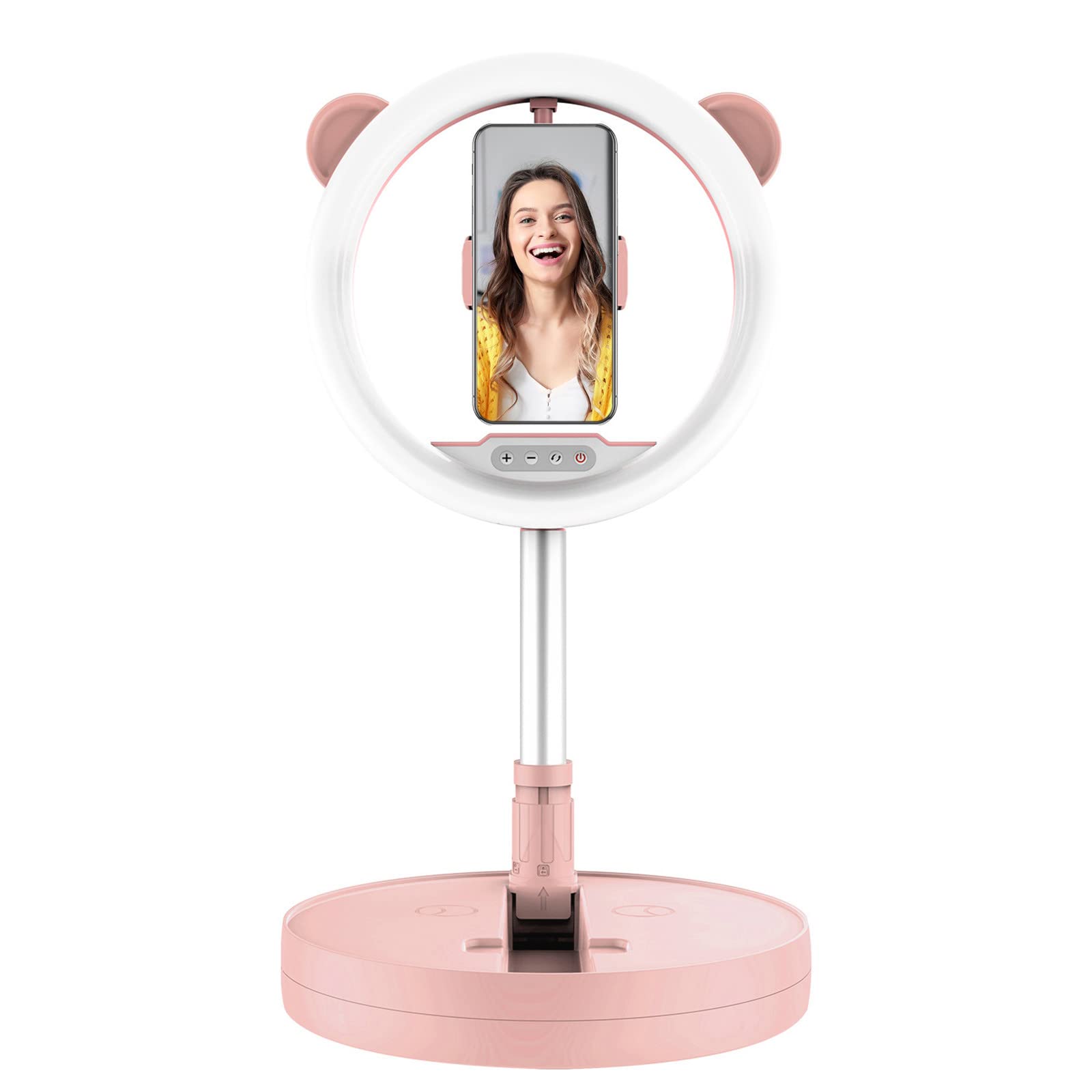 Portable LED Ring Light with Stand - Foldable Phone Light for Makeup, YouTube Videos & Selfies - Pink NZ6 - Perfect for Beauty Vlogging, Live Streaming & Photography