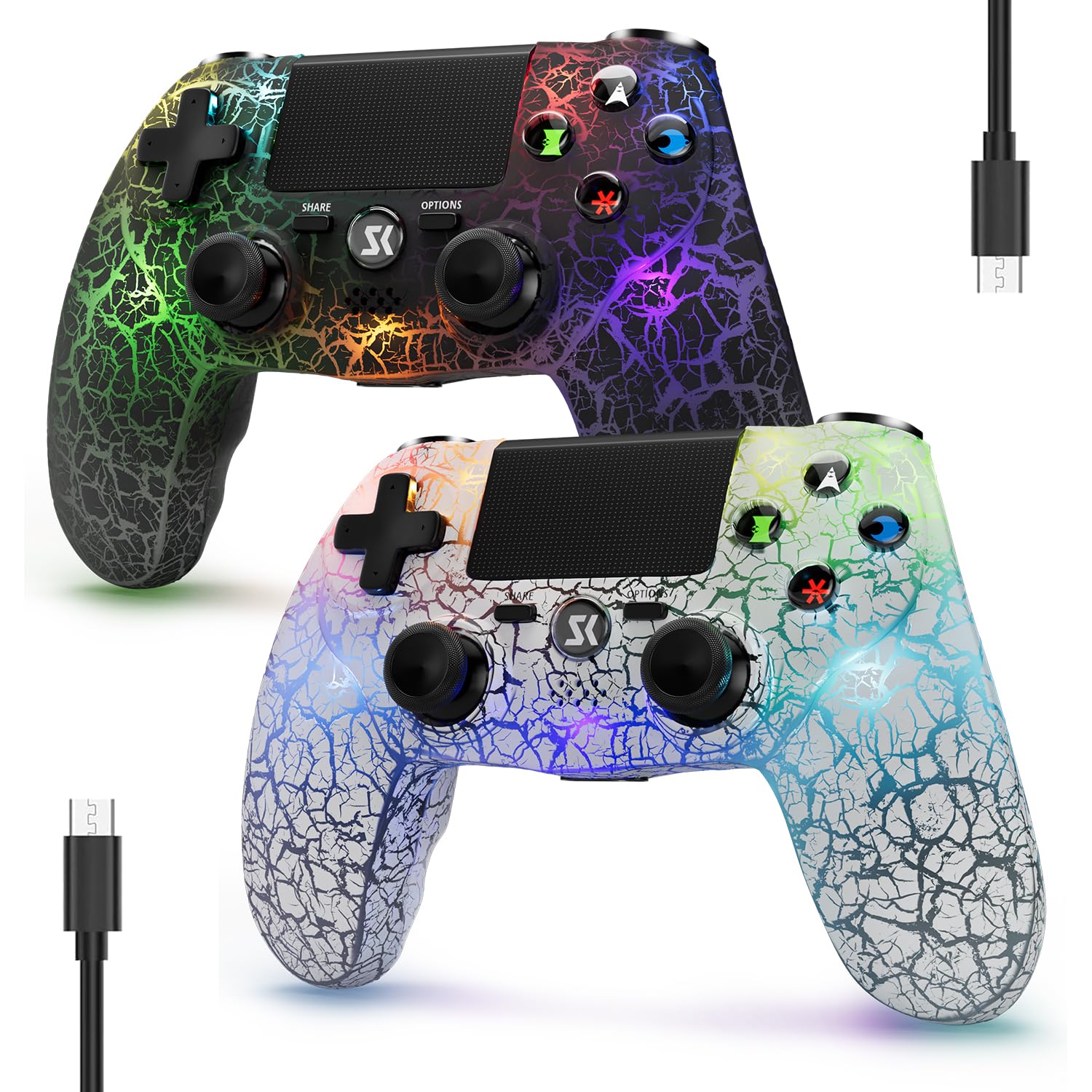 MUZELI 2-Pack Wireless PS4 Controller with RGB LED Backlight, 1000mAh Battery, 6-Axis Motion Sensor - Compatible with Playstation 4/Pro/Slim - Perfect for Gaming, Streaming & Multiplayer Sessions