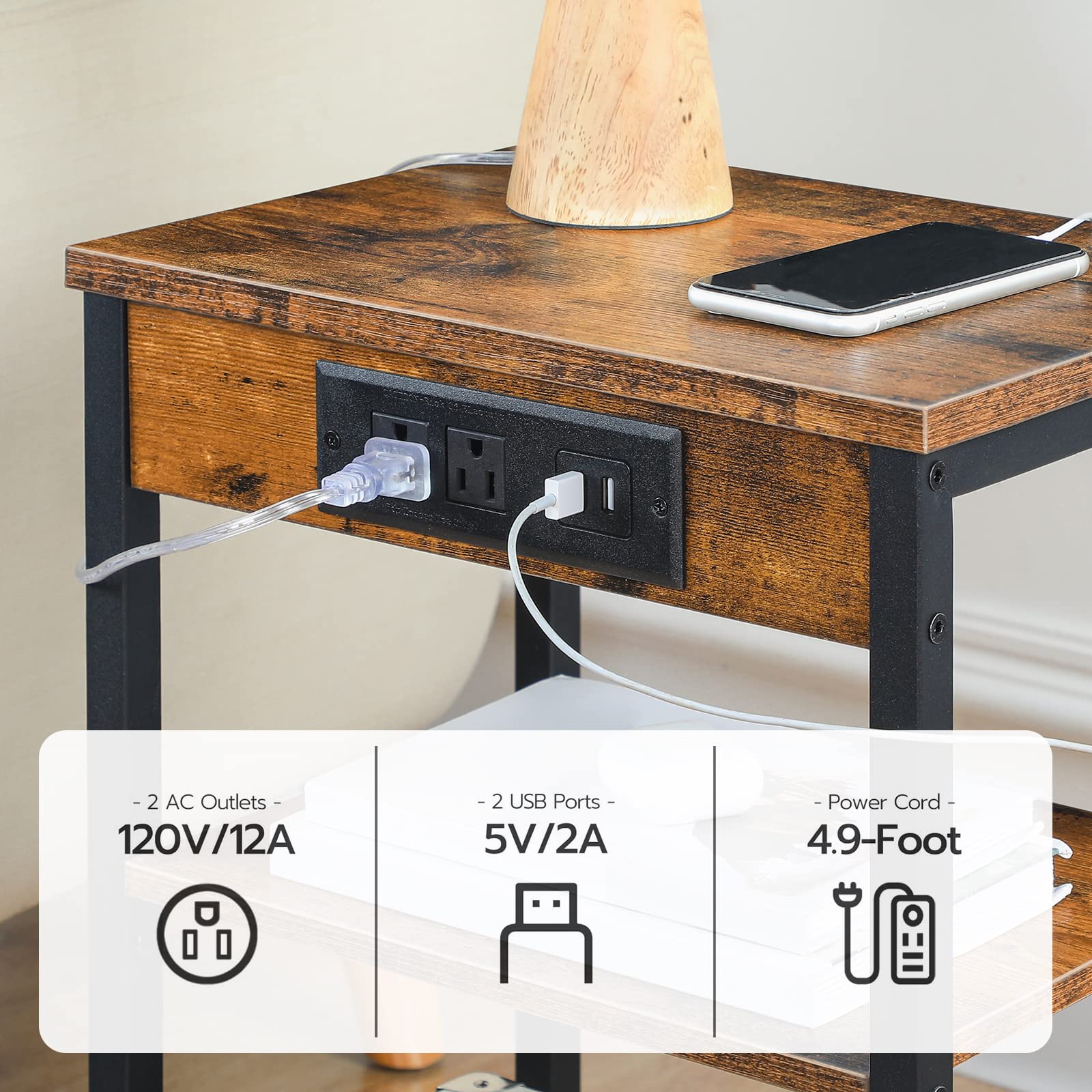 HOOBRO 3-Tier End Table with Charging Station & USB Ports - Adjustable Shelf Small Side Table for Living Room, Bedroom, Balcony - Rustic Brown Nightstand for Small Spaces | Perfect for Apartments, Dorms & Cozy Corners BF112BZ01