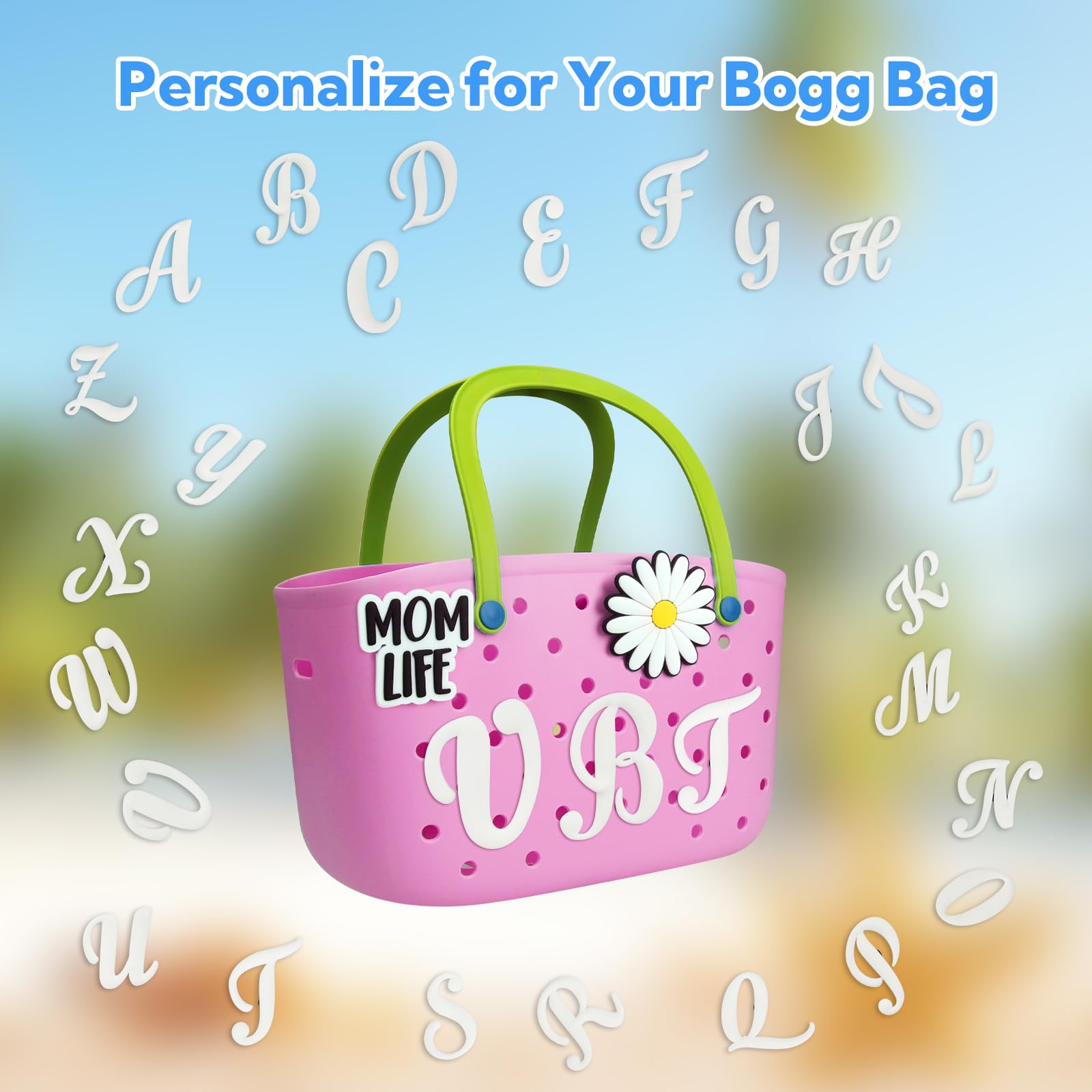 CONLI 3-Piece Letter Charms for Bogg Bag - Decorative Alphabet Inserts for Rubber Beach Tote & Handbag - Floral Accessories for Beach, Pool & Summer Outings