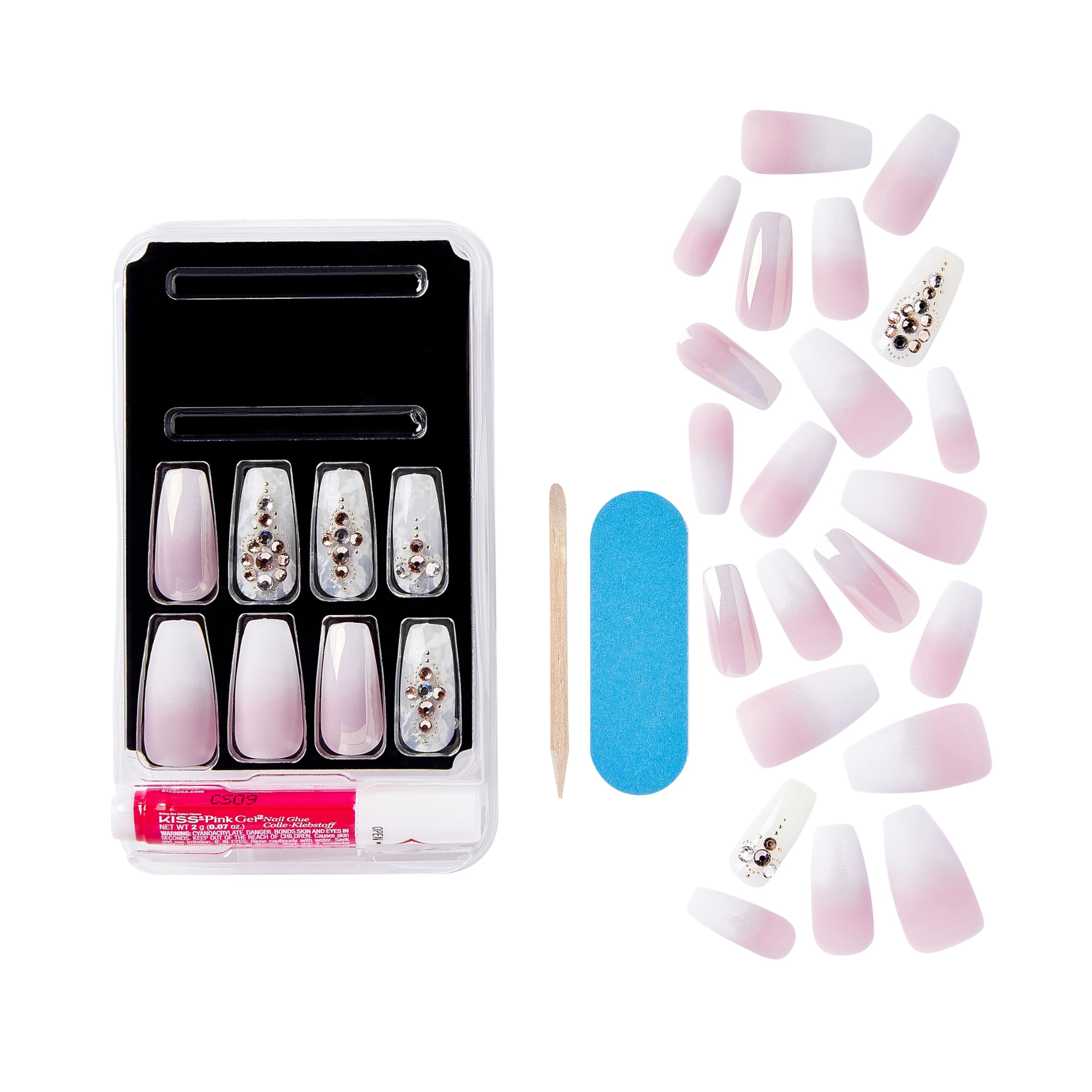 KISS Masterpiece Luxe Manicure Kit - Long Coffin Fake Nails with 30 Pieces & 12 Accent Nails | Includes Nail Glue & File | Perfect for Parties, Weddings & Special Occasions