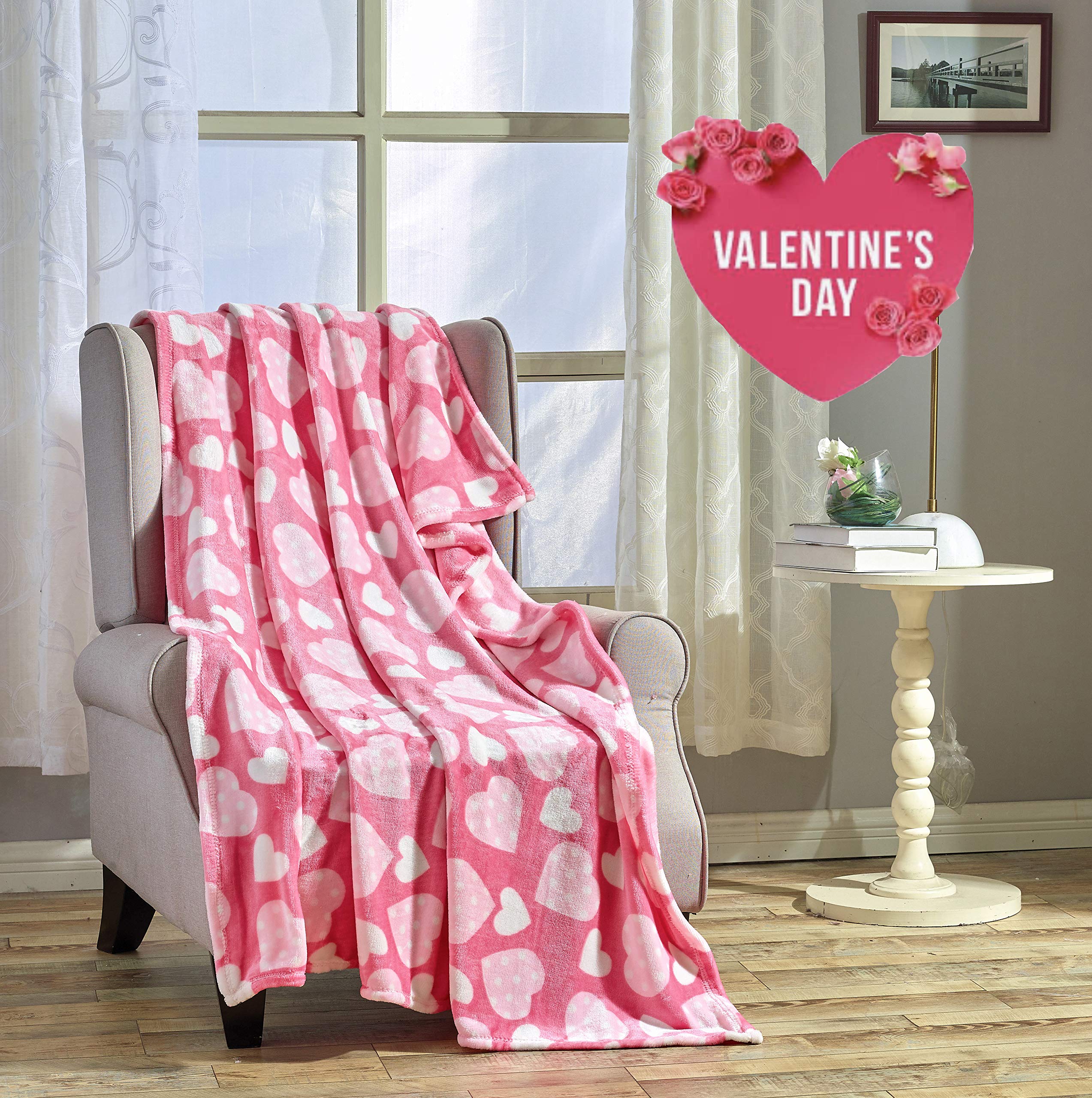 Valentine's Day Heart Fleece Blanket - Soft Pink Cozy Throw with Decorative Hearts for Kids & Adults - 50