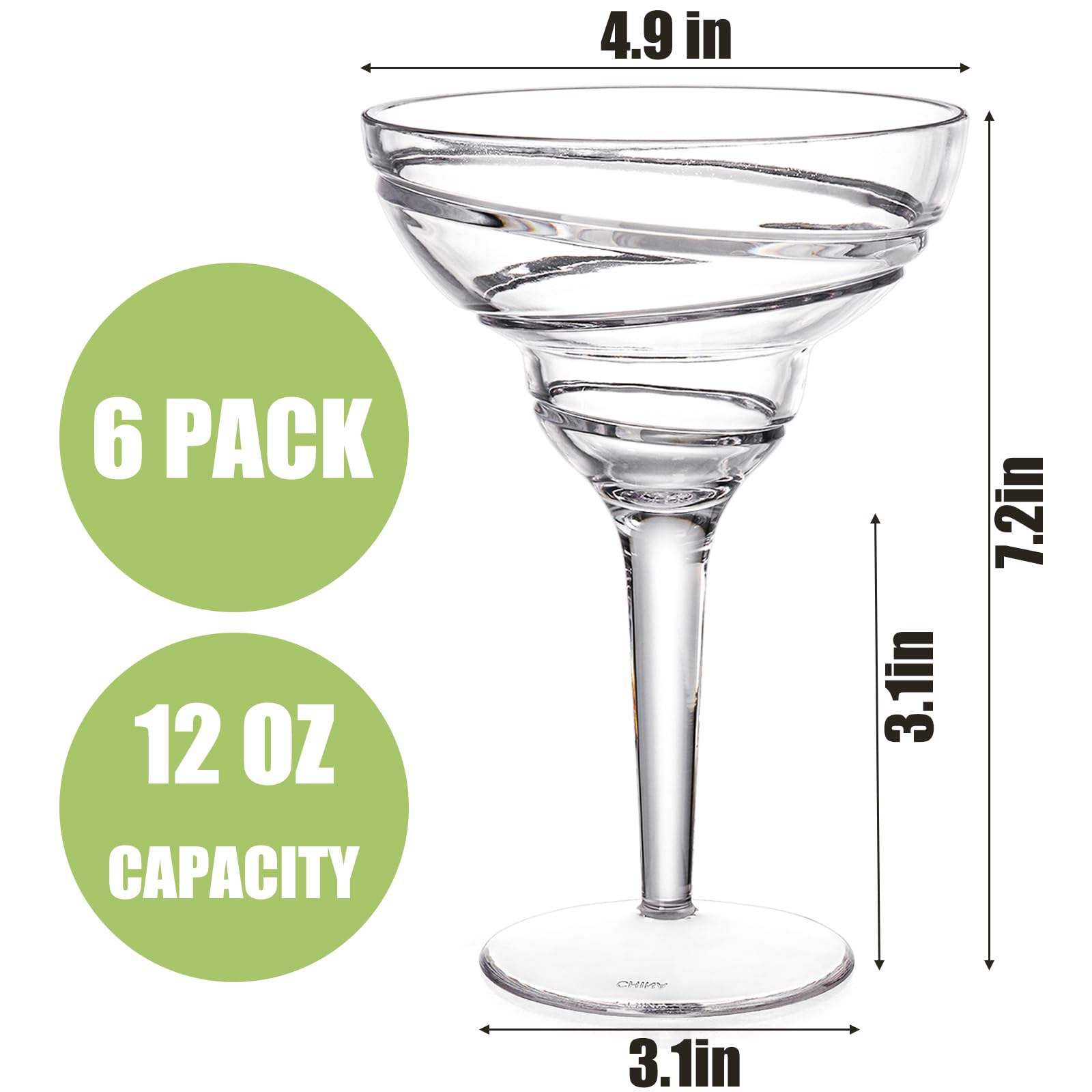 Youeon 6-Pack 12oz Shatterproof Acrylic Margarita Glasses with Stem - Reusable Wine Cups for Cocktails, Beer, Juice - Perfect for Weddings, Parties, Holidays, Bars, Restaurants & Outdoor Events
