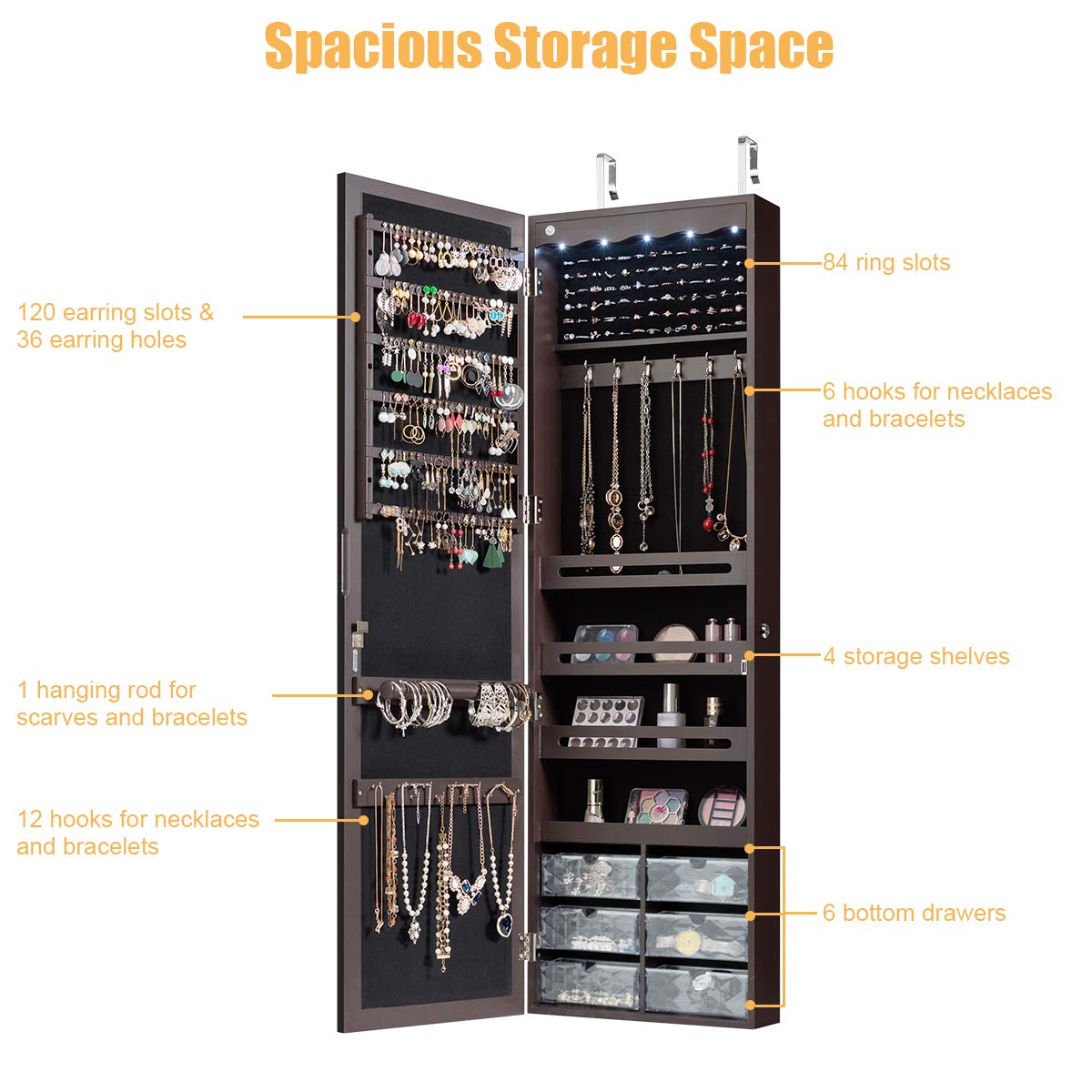 Charmaid Jewelry Cabinet Armoire - Wall Mounted Lockable Jewelry Organizer with Full Length Mirror, 6 Acrylic Drawers & 5 Lights - Large Jewelry Storage Box for Necklaces, Rings & Watches (Brown) | Perfect for Bedroom, Closet & Dressing Room Organization