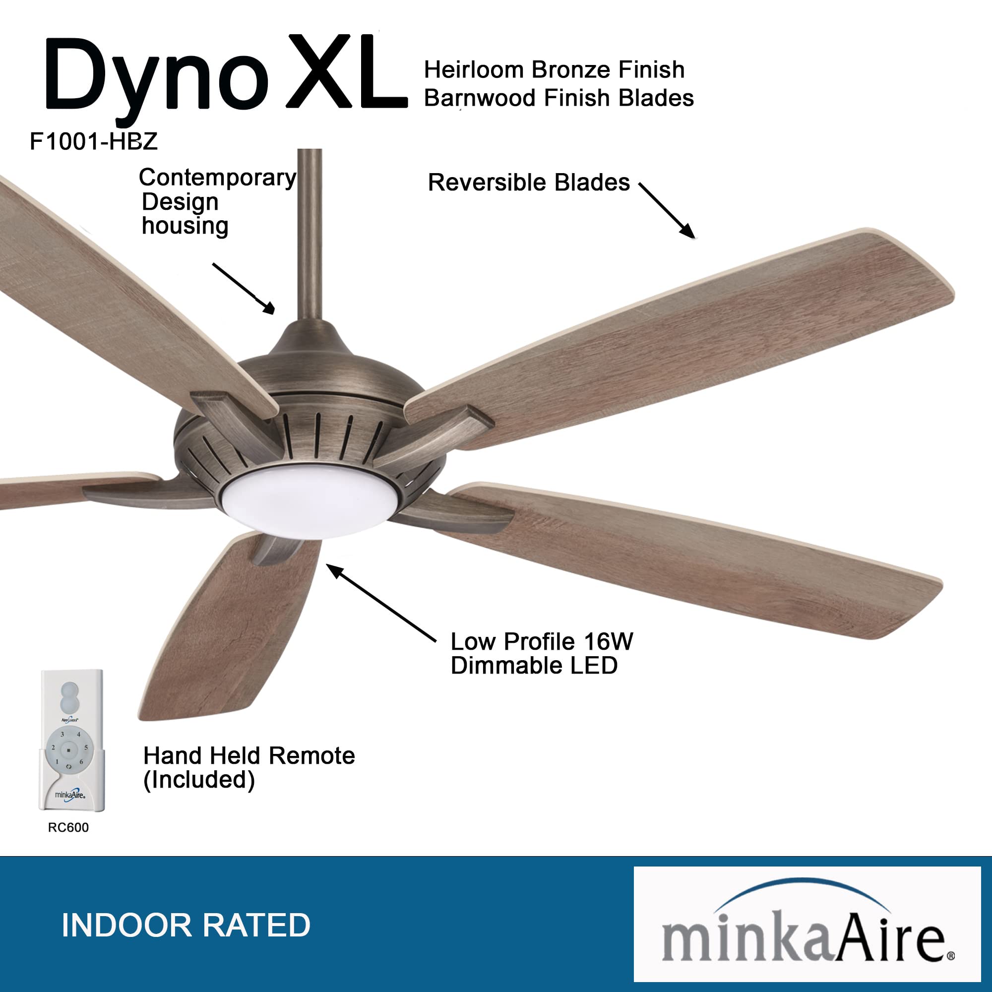 Minka Aire F1001-HBZ Dyno XL 60 Inch Ceiling Fan with LED Light Kit & Remote Control - Heirloom Bronze Finish - Perfect for Living Room, Bedroom & Outdoor Covered Patio