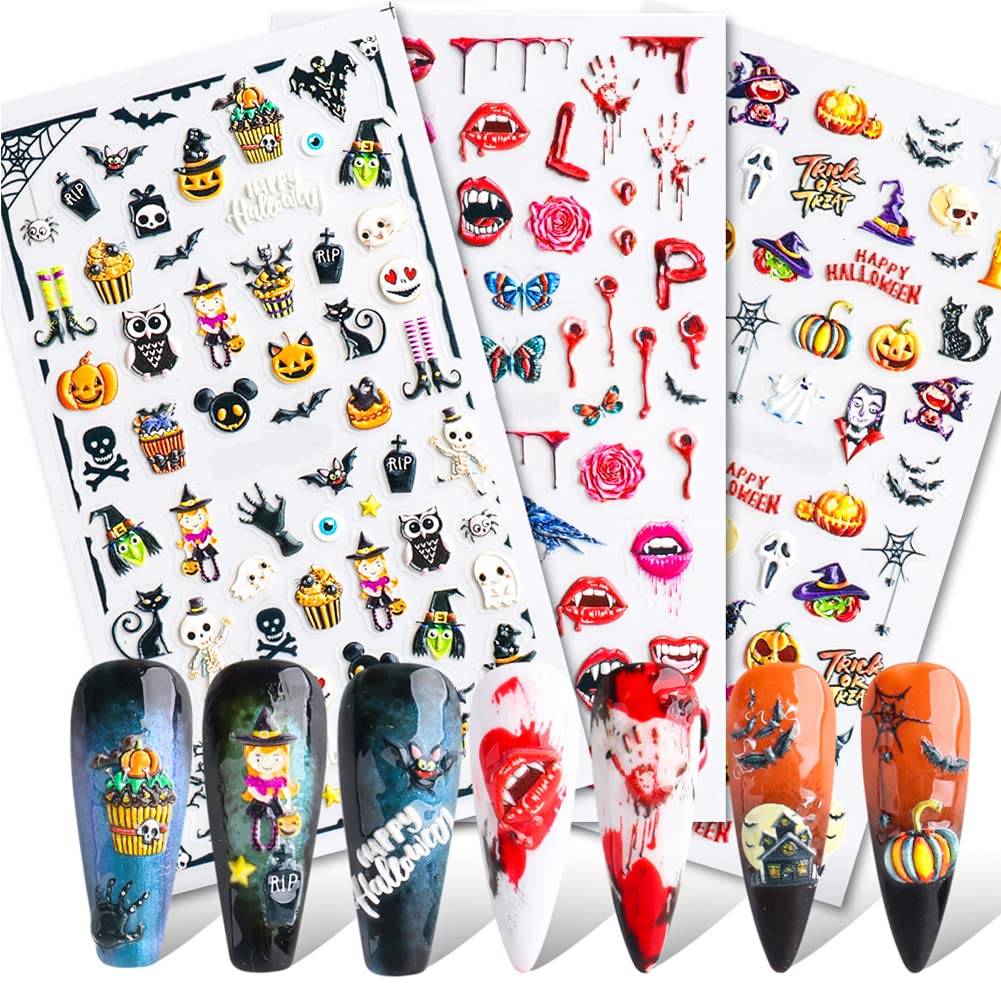 5D Halloween Nail Art Stickers - 3D Embossed Nail Decals with Strong Adhesive for Women, Girls & Kids | Perfect for Halloween Parties, Costume Accessories & Nail Art Designs