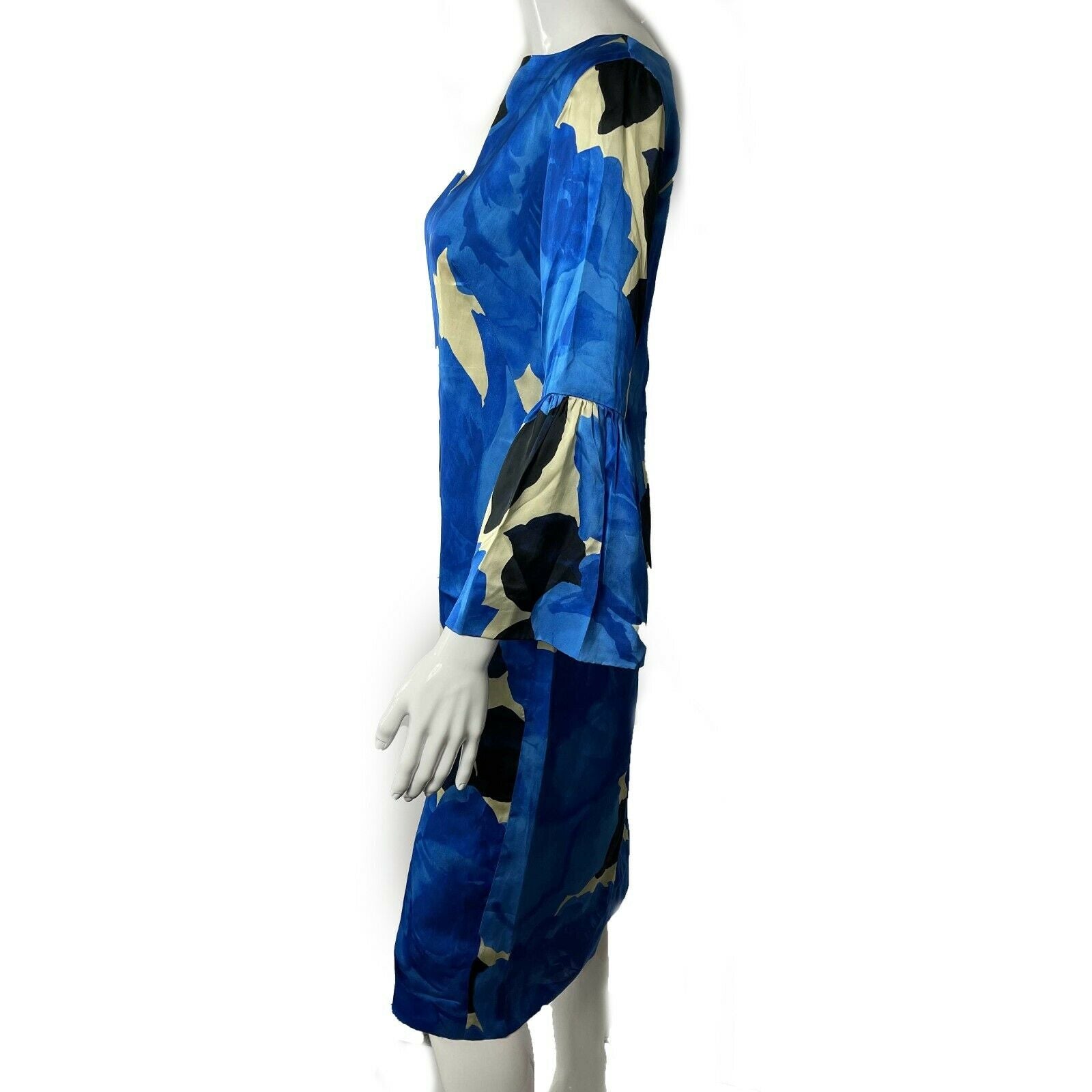 Dries Van Noten Blue Floral Satin Dress - Elegant Midi Dress in Blue, White & Black | Size IT34/US00 | Perfect for Weddings, Parties & Special Occasions