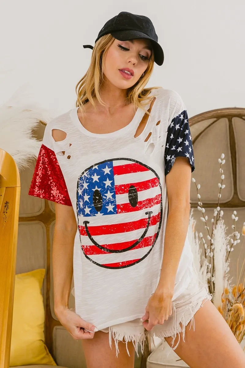 BiBi Patriotic 4th of July Women's T-Shirt - Laser Cut Star & Smile Face Design - Perfect for Independence Day Parties & Summer Festivals