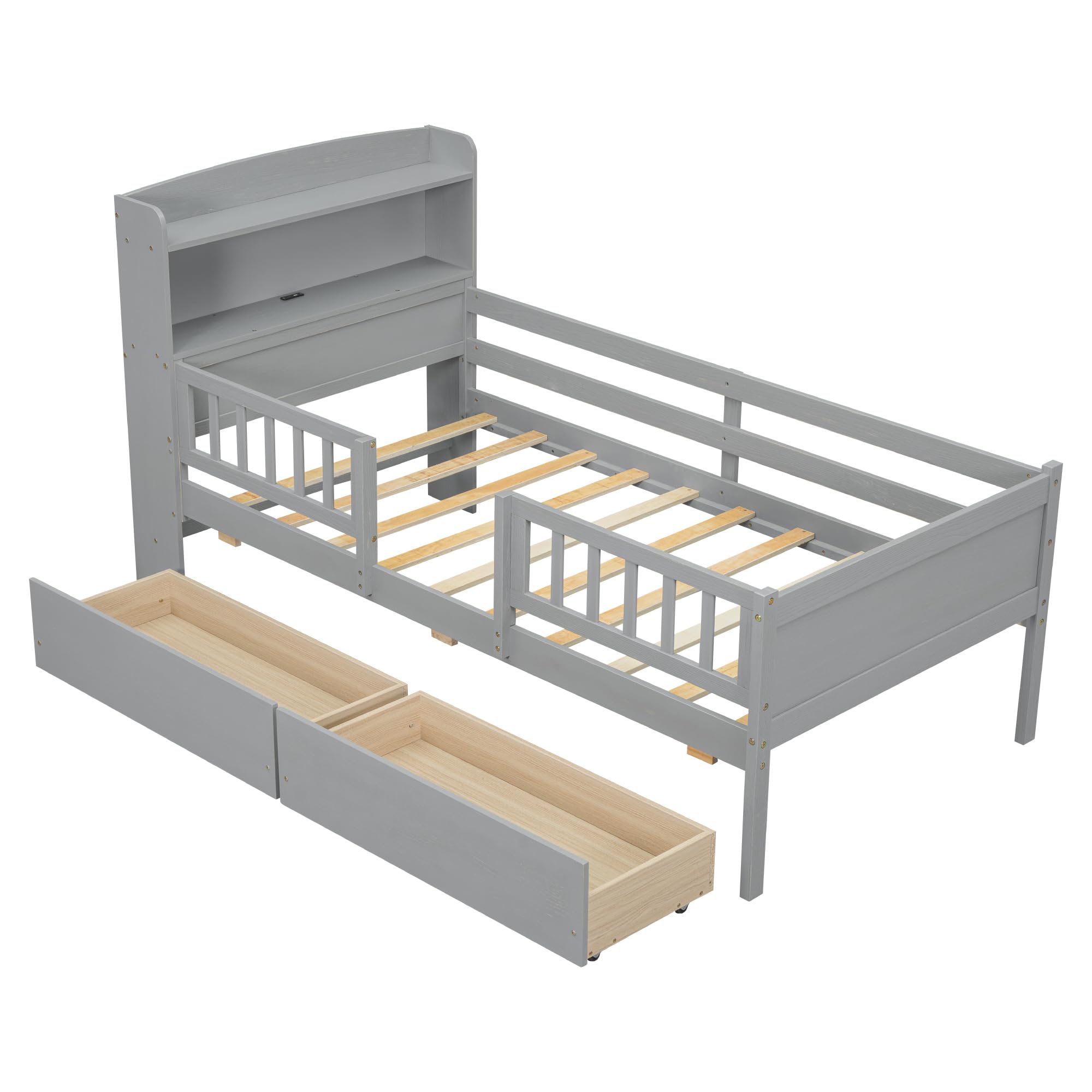 P PURLOVE Twin Size Wooden Platform Bed Frame with Storage Headboard, Built-in LED Lights, Guardrail & 2 Drawers - Modern Space-Saving Bedroom Solution for Small Apartments and Dorms