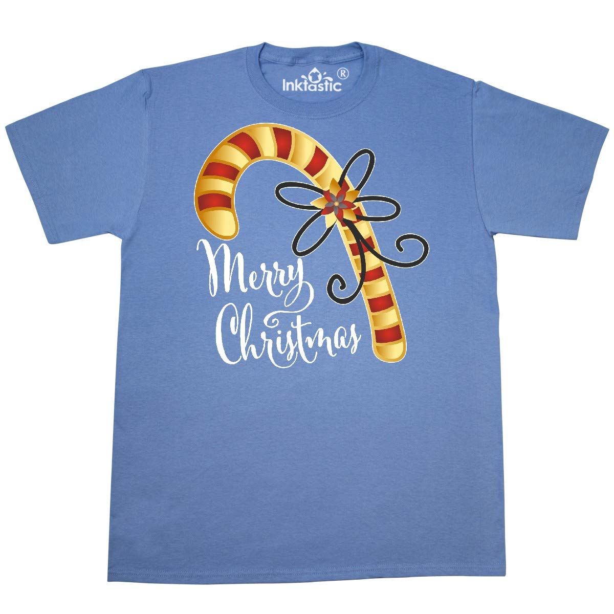 Inktastic Merry Christmas Red and Gold Candy Cane Graphic T-Shirt for Women & Men - Festive Holiday Party Outfit & Ugly Christmas Sweater Alternative