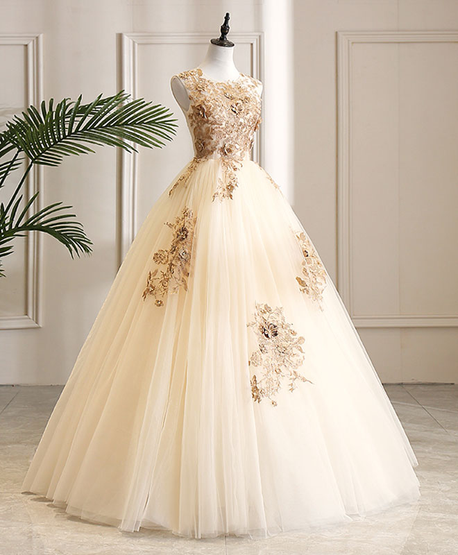 Elegant Champagne Tulle Lace Long Prom Dress for Evening Gala - Perfect for Homecoming, Prom Night, and Formal Events