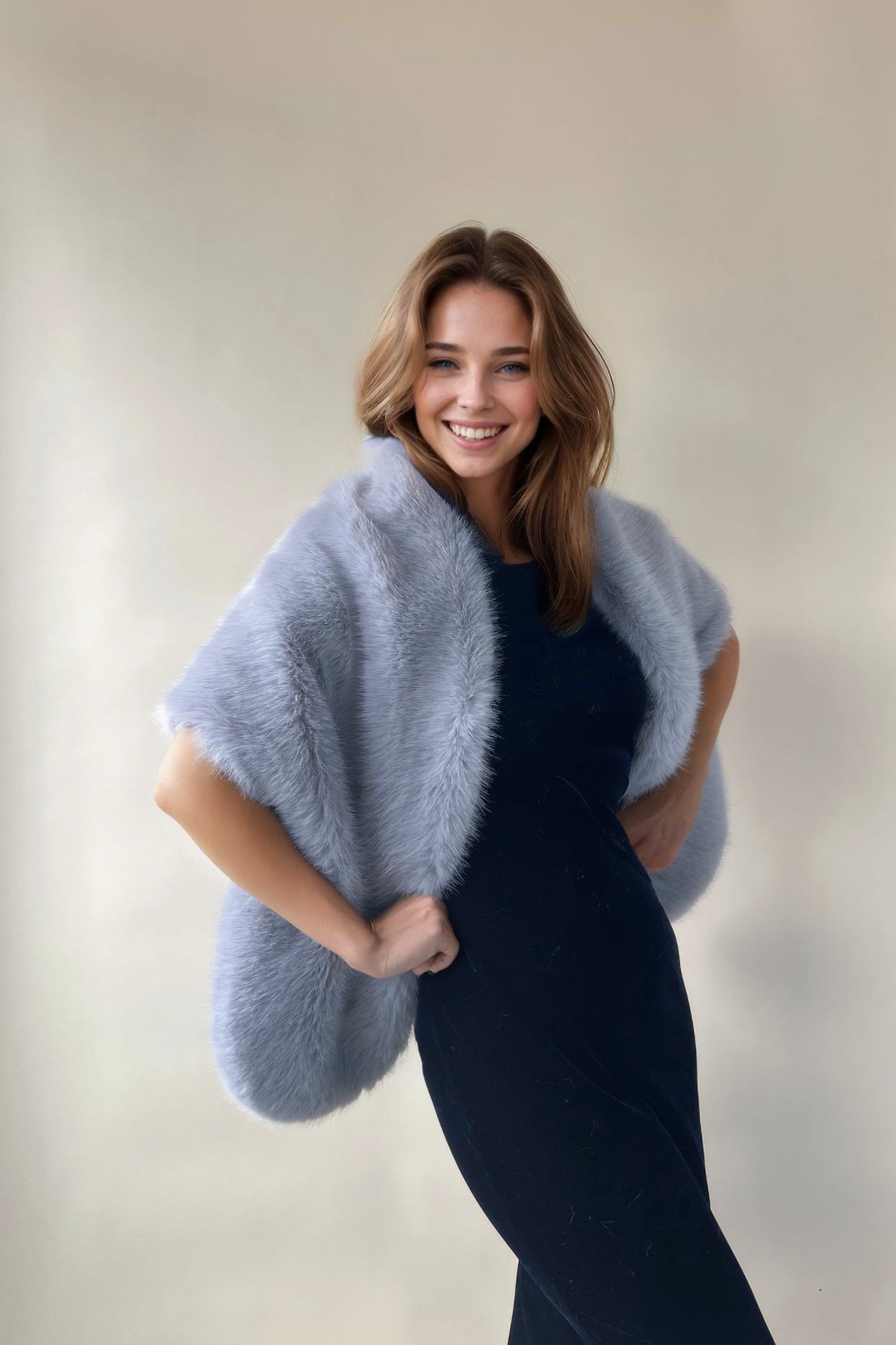 Grey Faux Fur Shawl with Hooks & Eyes - Butterfly Gry07 - Elegant Winter Wrap for Women, Perfect for Parties, Weddings & Cold Weather Fashion