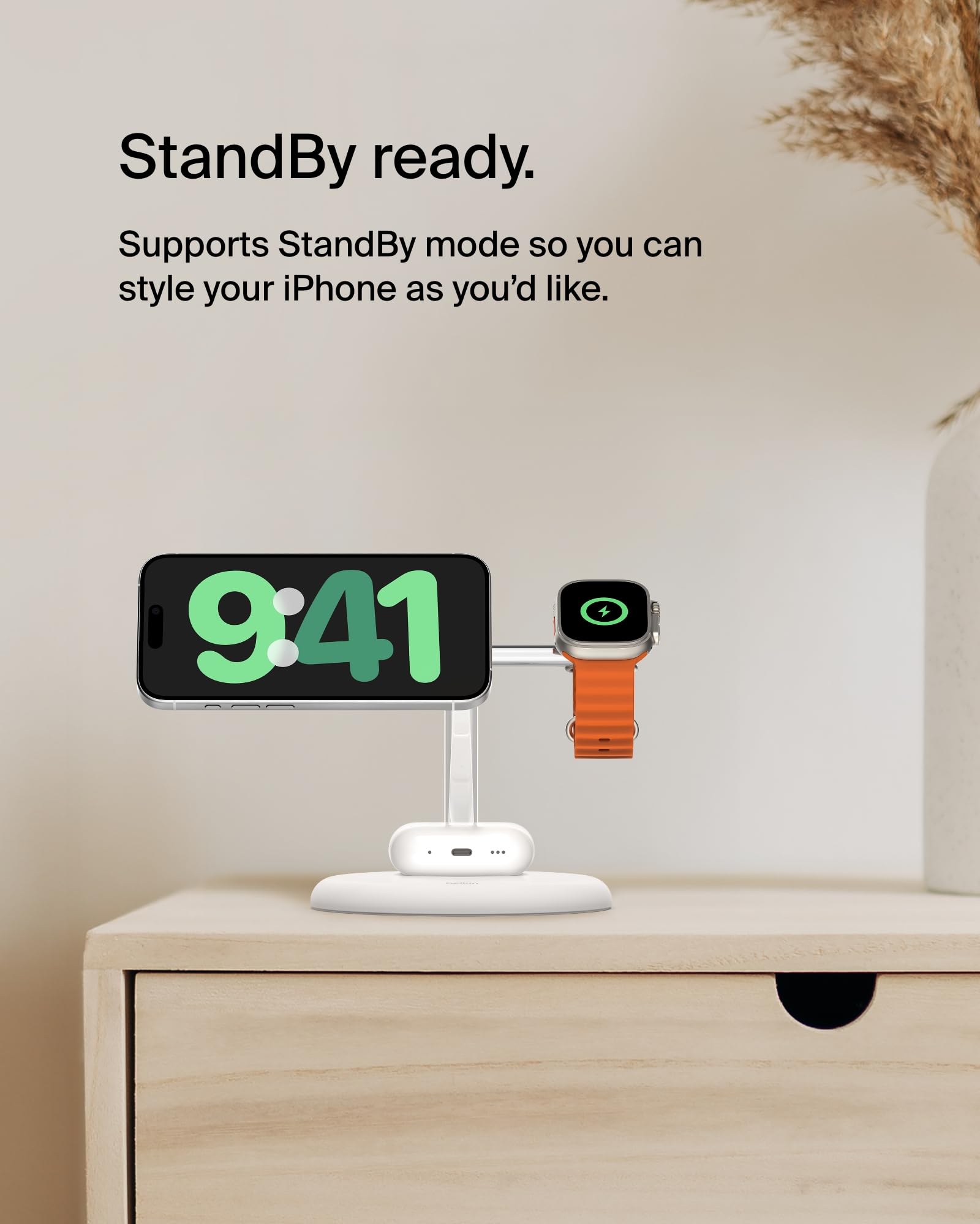 Belkin 3-in-1 Magnetic Wireless Charging Stand - MagSafe & Qi2 15W Fast Charger for iPhone 16/15/14/13 Series, AirPods & Apple Watch | Includes Power Supply | Perfect for Home, Office & Travel - White
