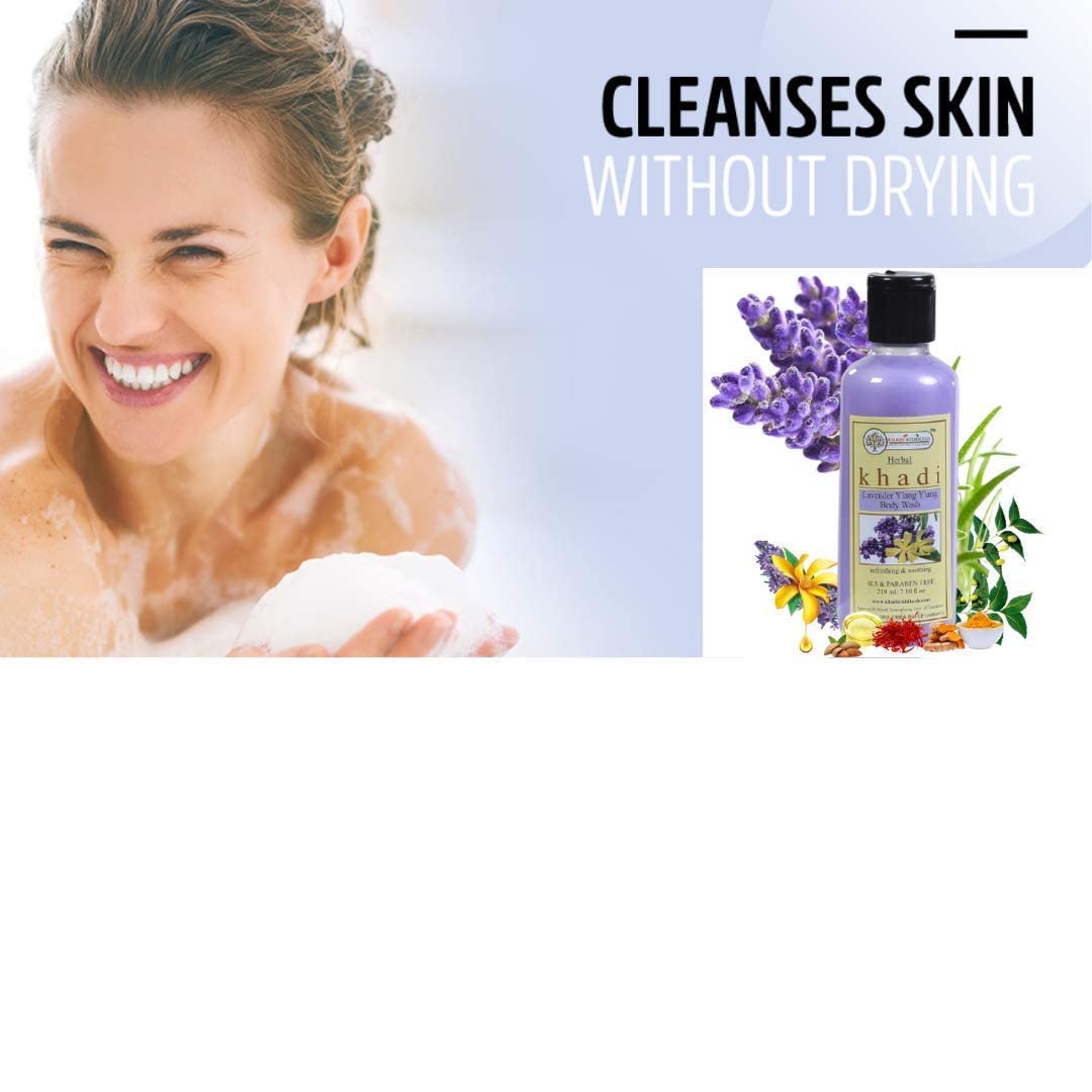 Khadi Rishikesh Herbal Lavender & Ylang Ylang Body Wash Set - 100% Natural Floral Essence, Paraben Free for Men & Women - 2x210ml with Free Bath Loofah Sponge | Relaxing Aromatherapy Shower for Stress Relief & Skin Hydration