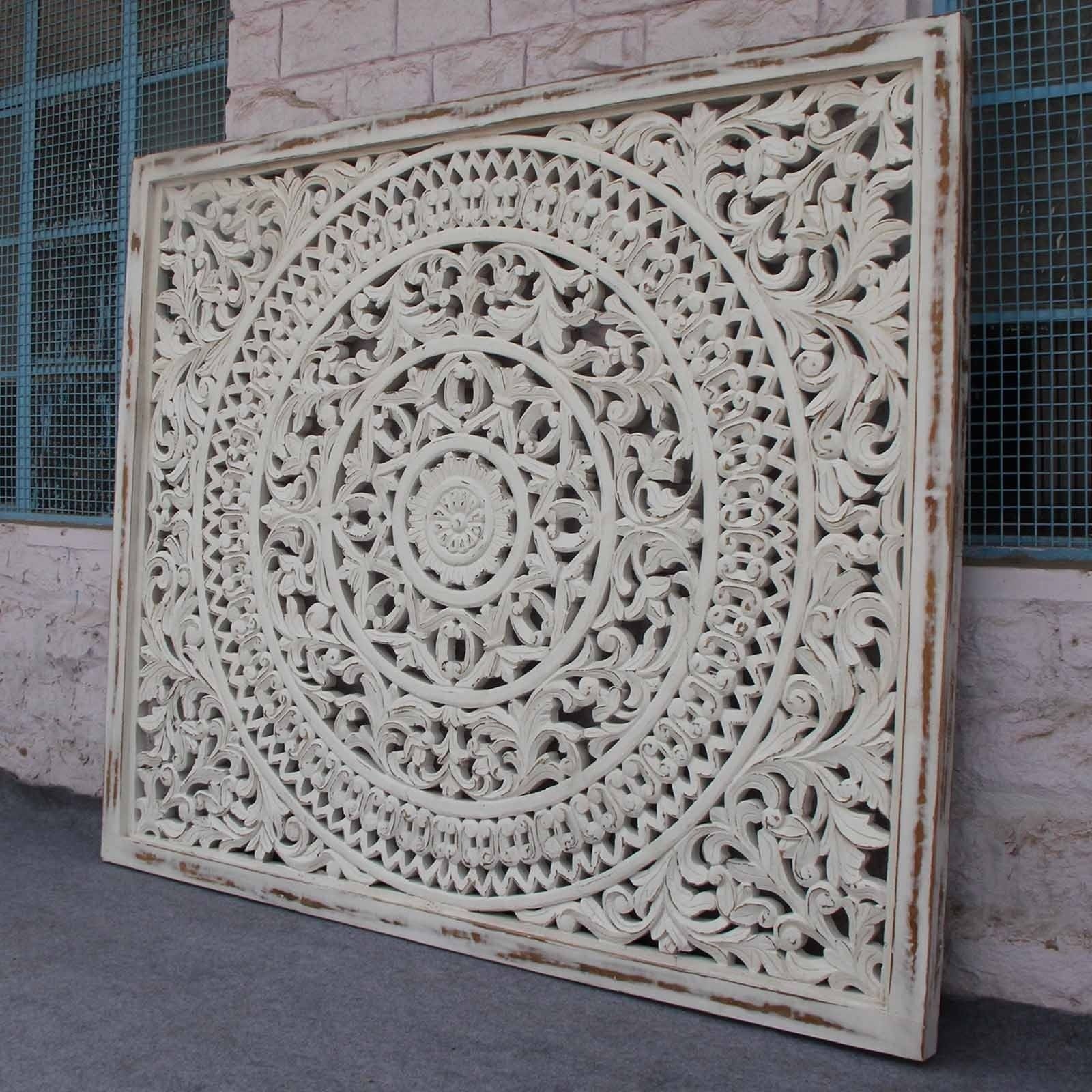 Handcrafted Dynasty Carved Panel Bed Headboard - Distressed Whitewash Finish for Farmhouse & Rustic Bedroom Decor | Perfect for Master Bedroom, Guest Room & Cozy Retreat