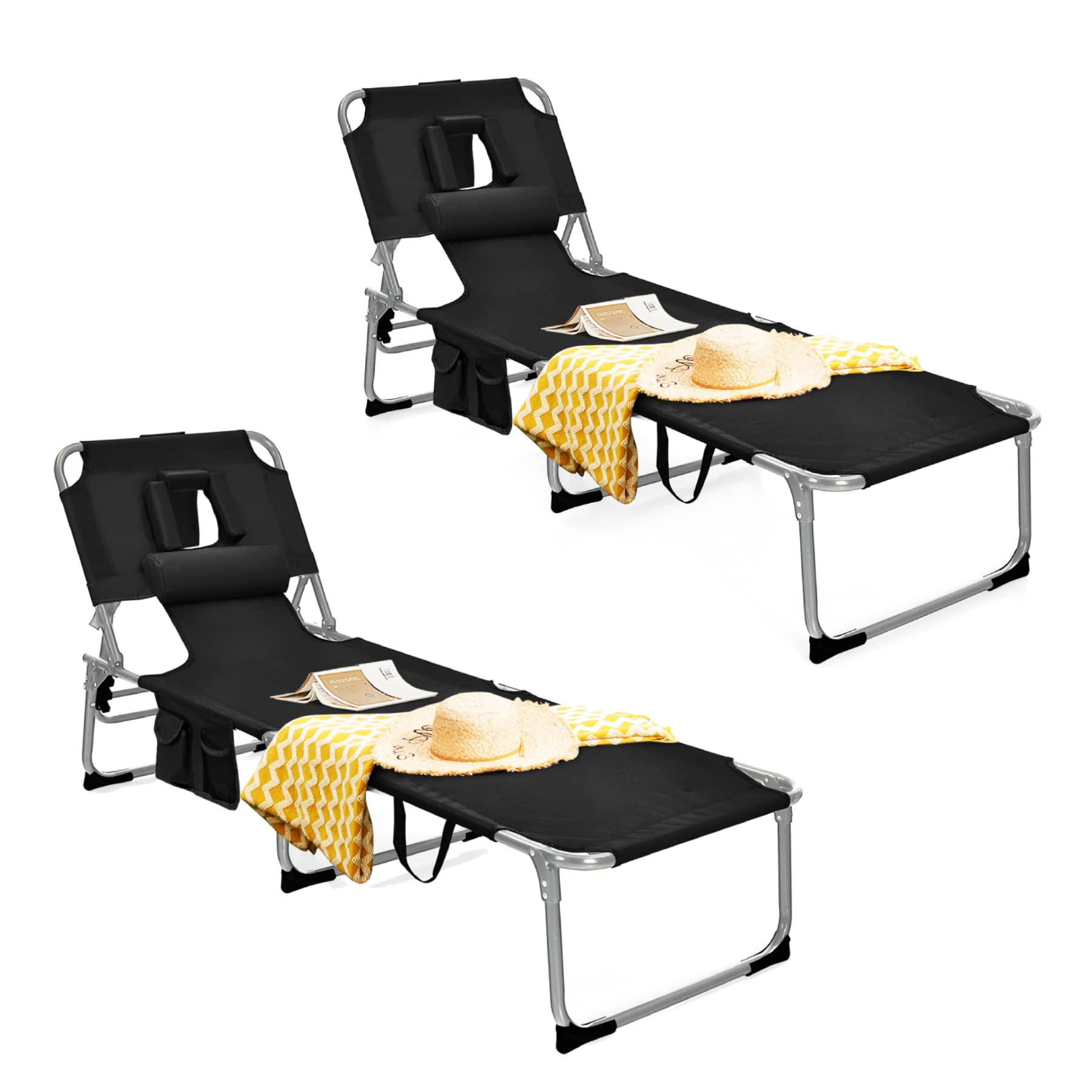 **Tangkula Adjustable Reclining Beach Chair with Face Hole - Portable Folding Sun Lounger for Outdoor Tanning, Poolside Relaxation, Backyard & Patio Use - Includes Side Pocket (2-Pack)**