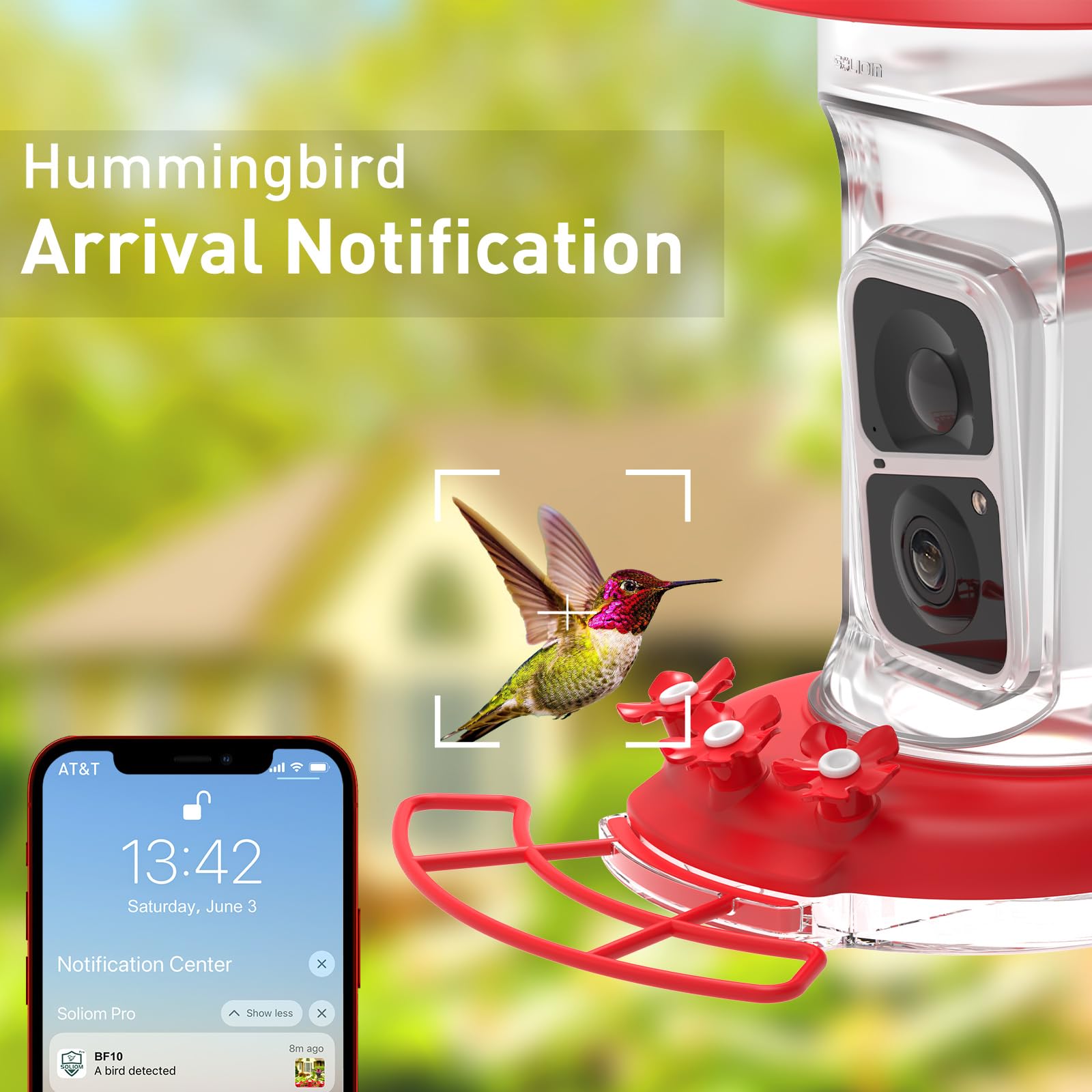 Soliom Humbirdy - Original 2K Hummingbird Feeder Camera with Leak-Proof Design, Ant Moat & AI Bird Identification | 3 Feeding Ports, 16oz Capacity | Perfect for Backyard Birdwatching, Nature Lovers & Family Gifts