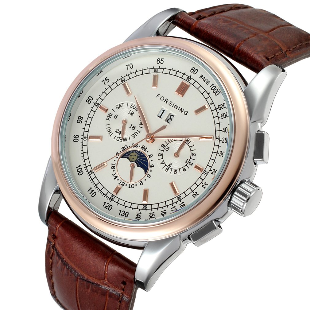 FORSINING Men's Automatic Watch - Silver Dial, Genuine Brown Leather Strap, Water Resistant, Luxury Dress Watch for Business, Wedding & Formal Occasions