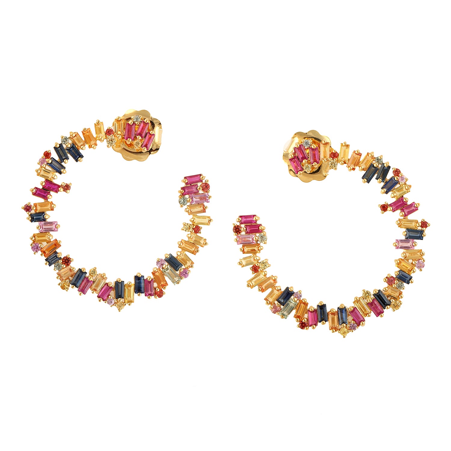 Baguette Cut Multi Sapphire & Ruby Gemstone Open Hoop Earrings in 14K Gold | Elegant Dangle Earrings for Women, Perfect for Weddings, Parties & Special Occasions