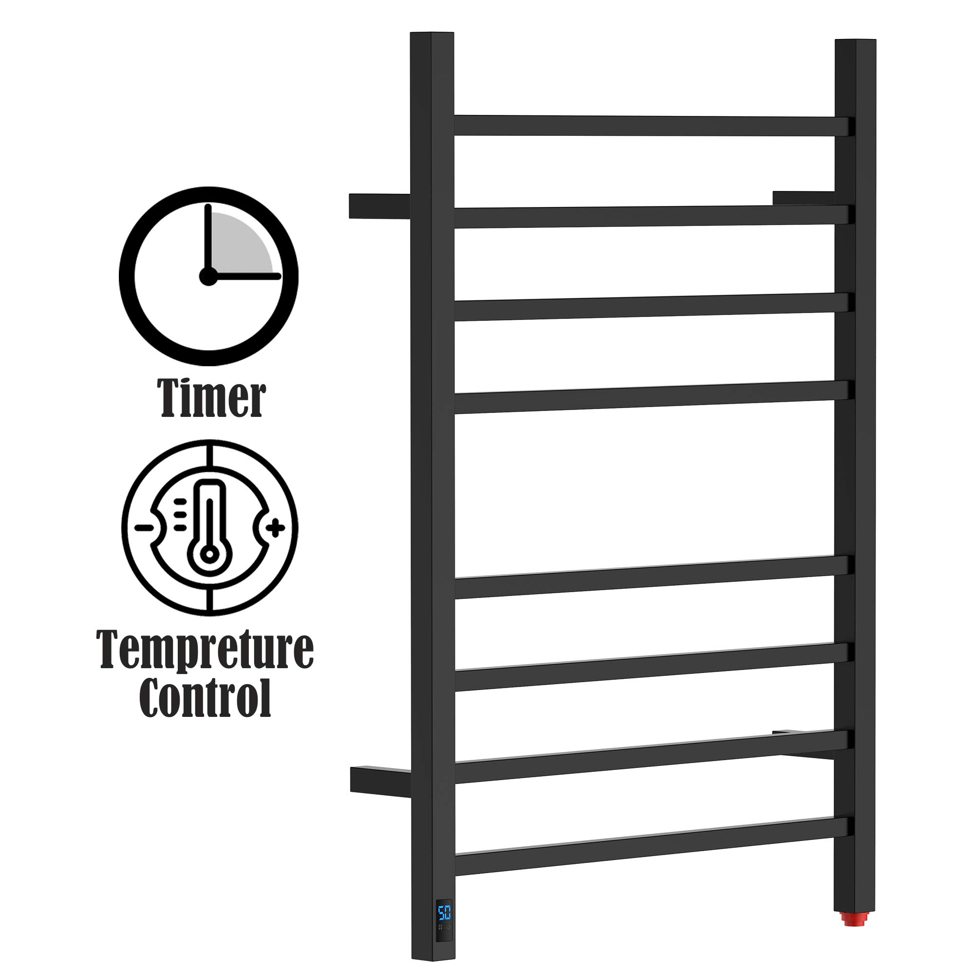 HEATGENE Electric Towel Warmer with Timer & Temperature Control - 8 Square Bar Wall-Mounted Towel Rack | Plug-in or Hardwired Installation | Matte Black | Perfect for Bathrooms, Spas & Luxury Homes