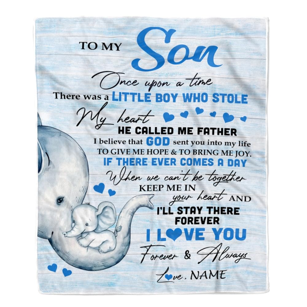 Personalized Elephant Blanket for Son from Dad - 'I'll Stay There Forever' Custom Fleece Throw Blanket (30x40 Inches Baby Size) - Perfect for Birthday, Christmas Gifts & Nursery Decor