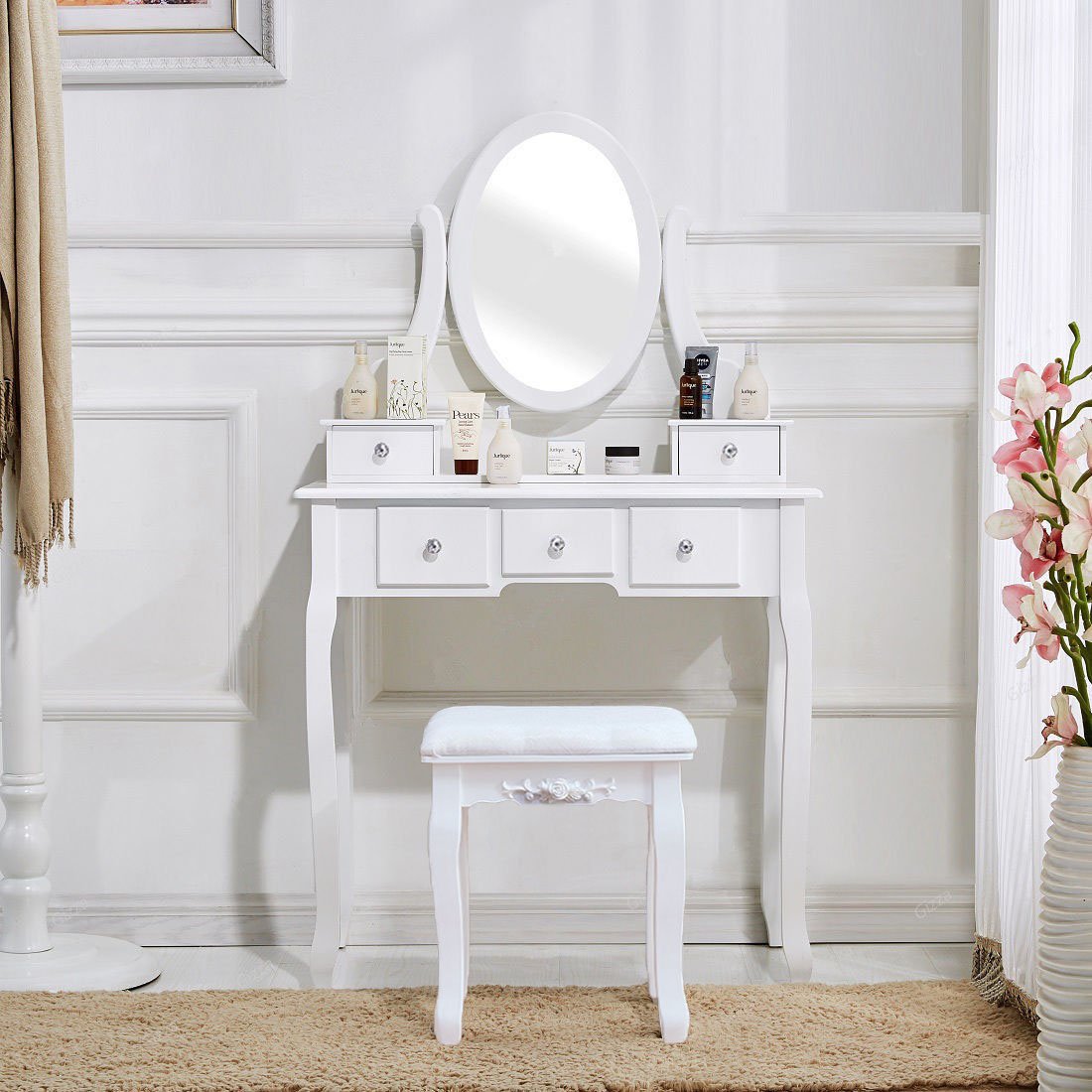 360° Rotating Vanity Set with Mirror & 5 Drawers - White Makeup Dressing Table with Stool | Large Storage Bedroom Vanity Desk for Women | Perfect for Makeup Application, Jewelry Organization & Home Decor