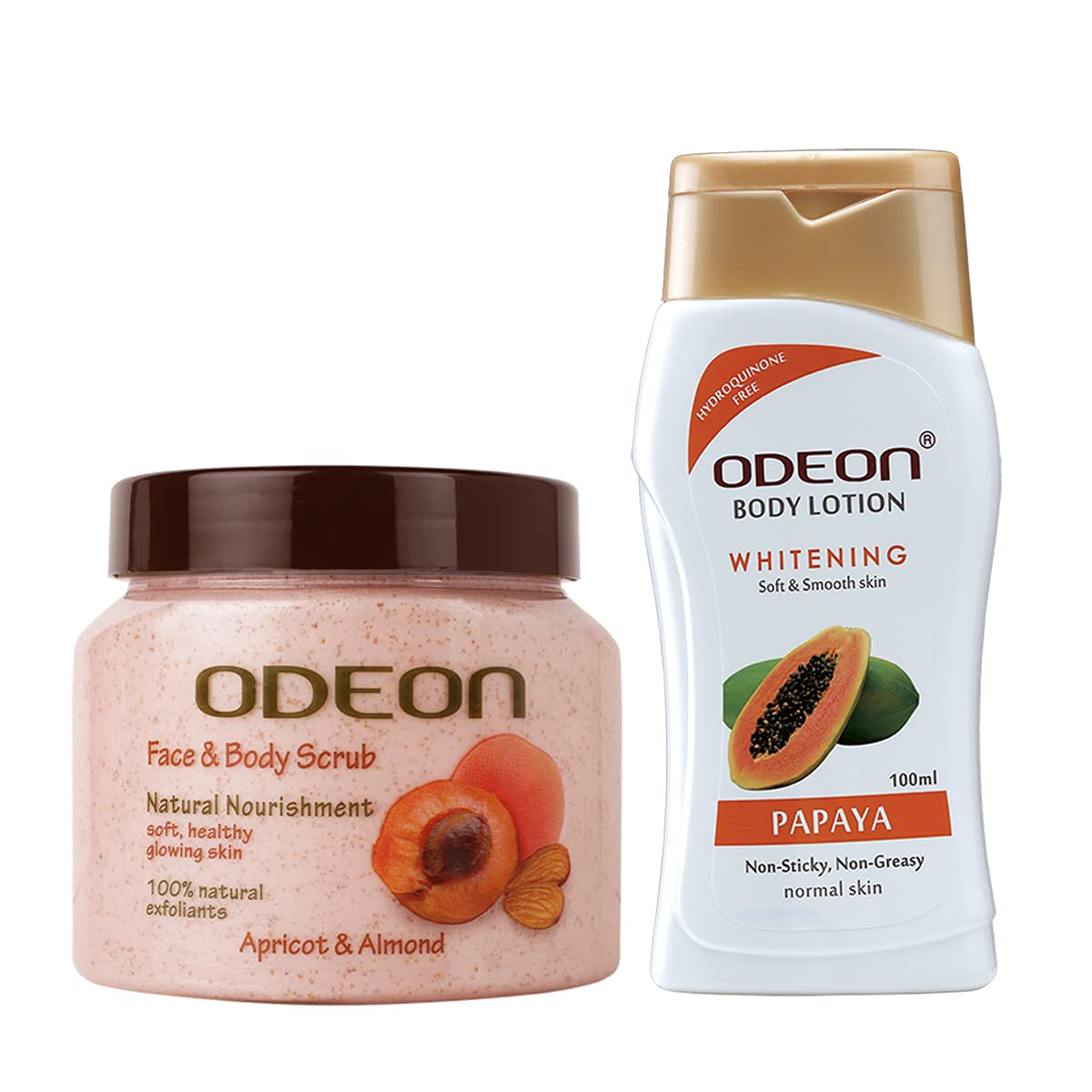 FREE ODEON Whitening Papaya Body Lotion 100ml & Apricot Almond Face Body Scrub 300ml Set | Natural Skin Nourishment for Dry Skin, Brightening & Exfoliating | Perfect for Daily Skincare Routine & Spa Day at Home