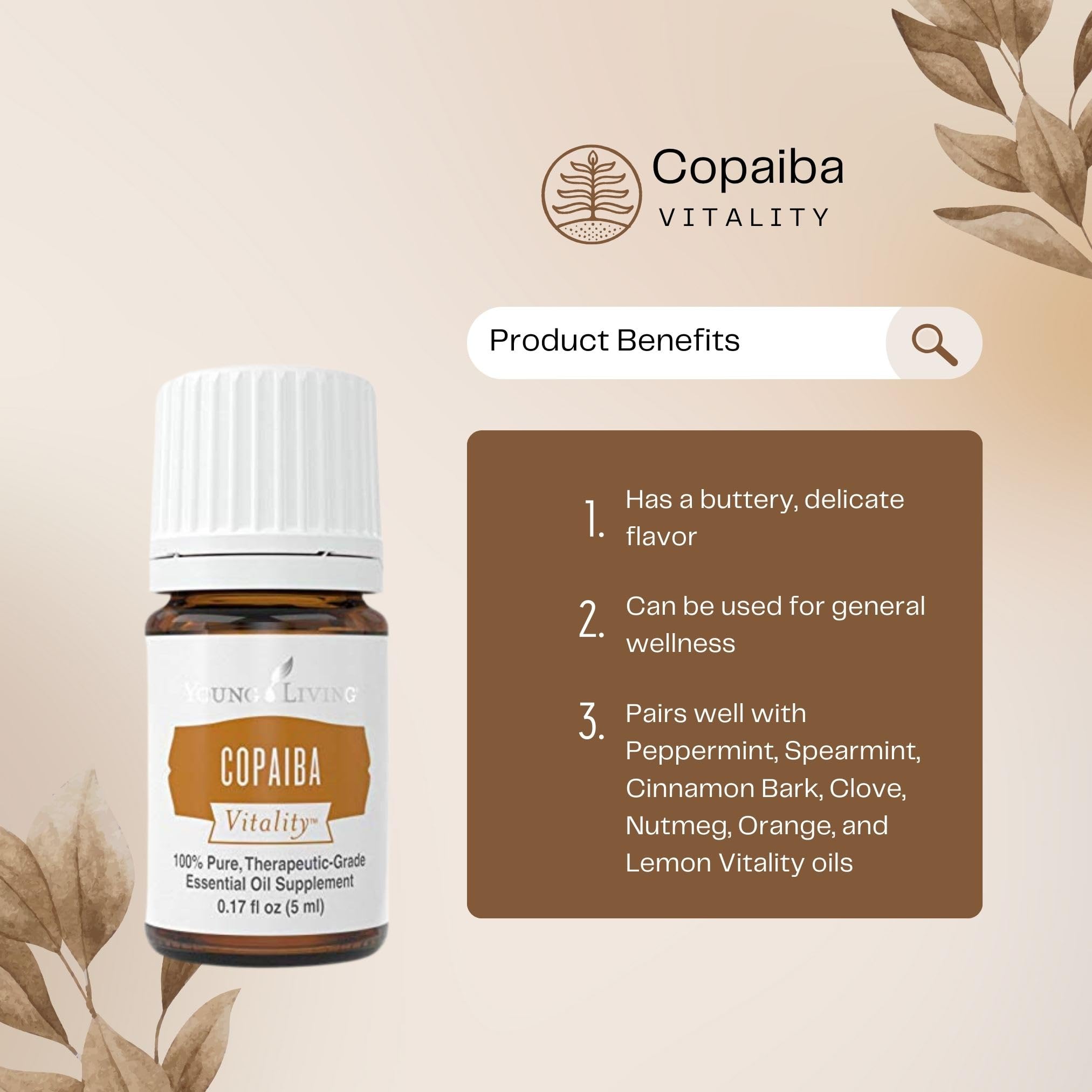 Young Living Copaiba Vitality 5ml Essential Oil - Organic, Earthy & Buttery Flavor - Promotes Wellness & Relaxation - Perfect for Aromatherapy, Massage & Stress Relief