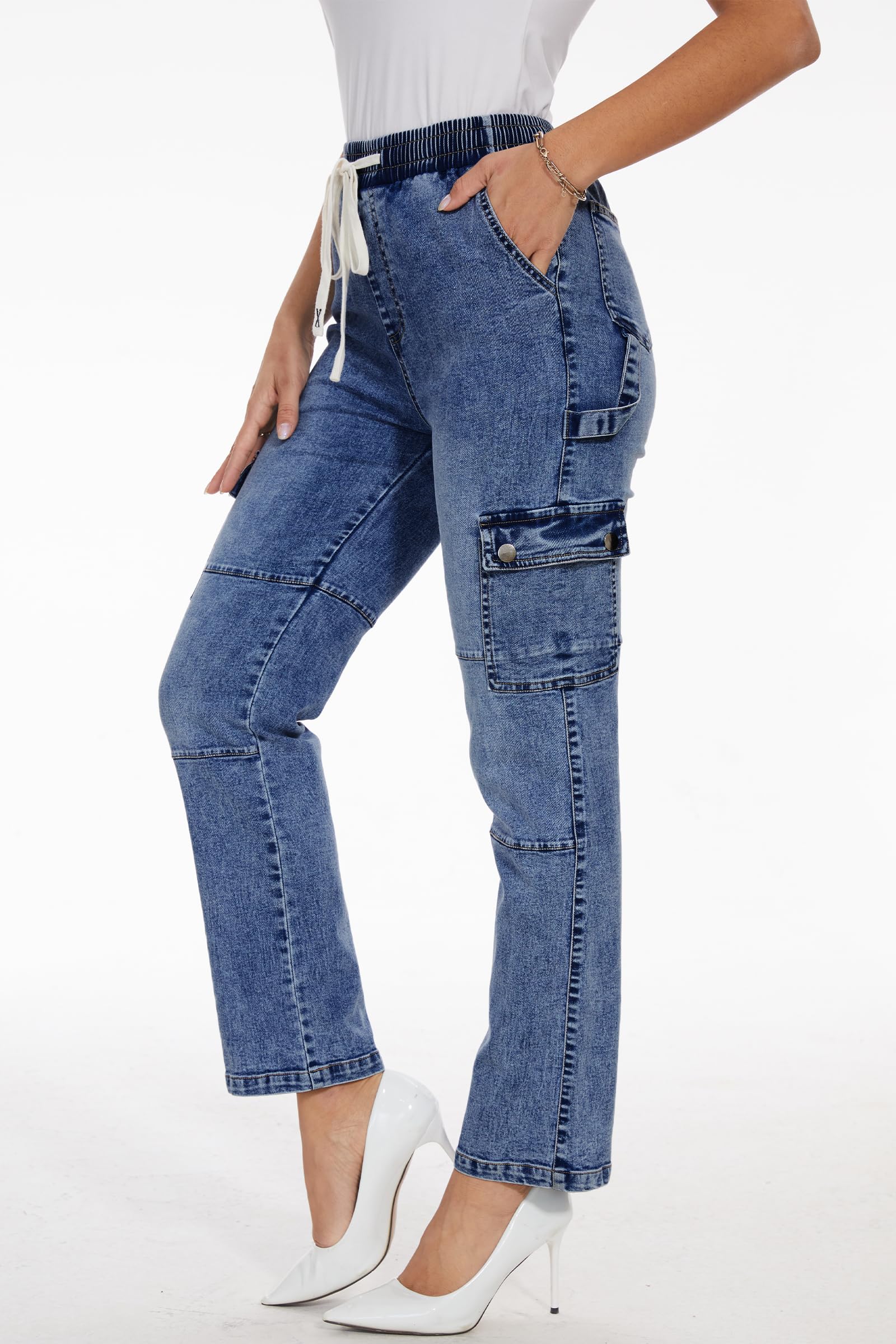 HVEPUO Women's Casual Straight Leg Cargo Pants - High Waisted Stretch Jeans with Multiple Pockets | Perfect for Work, Travel & Everyday Wear