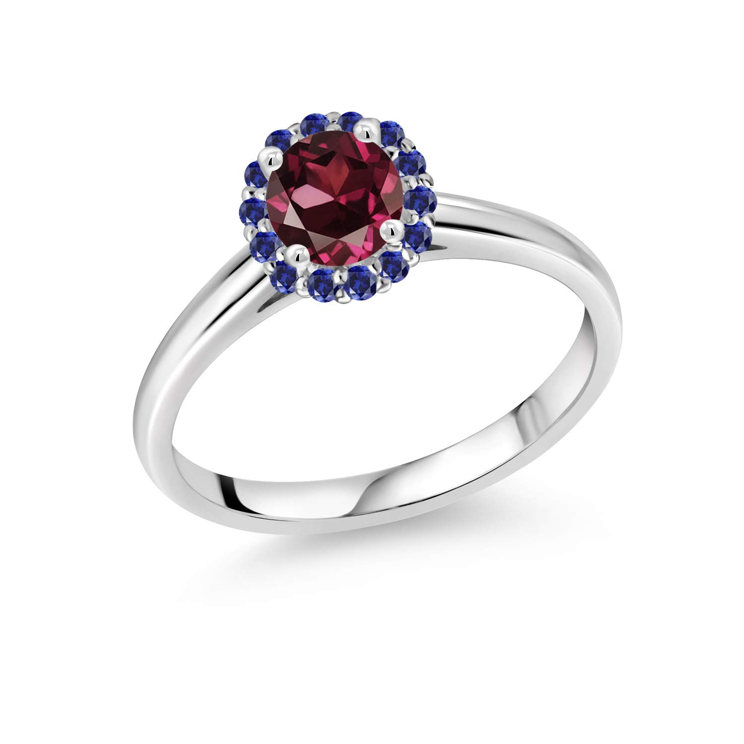 0.74 Ct Round Red Rhodolite Garnet & Blue Created Sapphire 10K White Gold Ring for Women | Gem Stone King | Elegant Wedding, Engagement & Anniversary Jewelry Gift