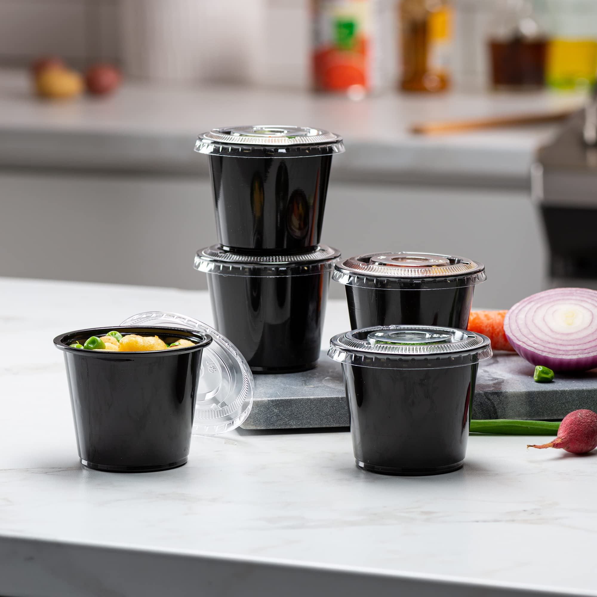 (5 oz - 100 Sets) Black Disposable Plastic Portion Cups with Lids - Small Mini Containers for Portion Control, Jello Shots, Meal Prep, Sauce, Condiments, Medicine | Ideal for Parties, Catering, Restaurants & Home Use