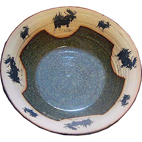 14 Inch Large Handmade Ceramic Serving Bowl - Moose 3 Design & Seamist Glaze - Polished Stoneware for Dining & Entertaining - Unique Stylish Bowl for Soups, Salads, Pasta & Home Decor