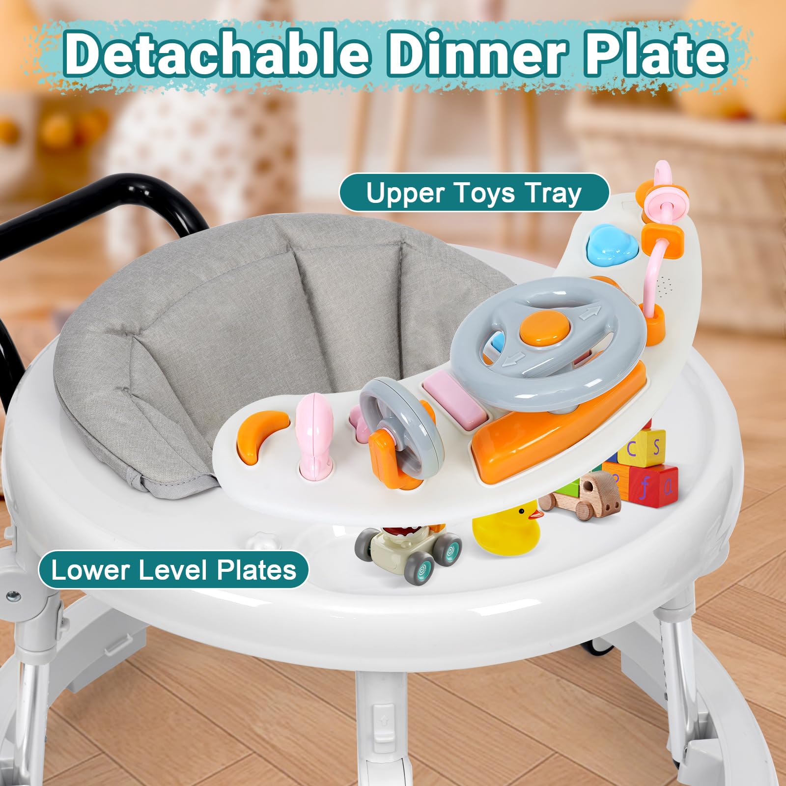 Foldable Baby Walker with Music & Lights - 9 Adjustable Heights, Wheels & Activity Center for Boys & Girls 7-18 Months (White) | Portable Learning Walker for First Steps & Indoor Play