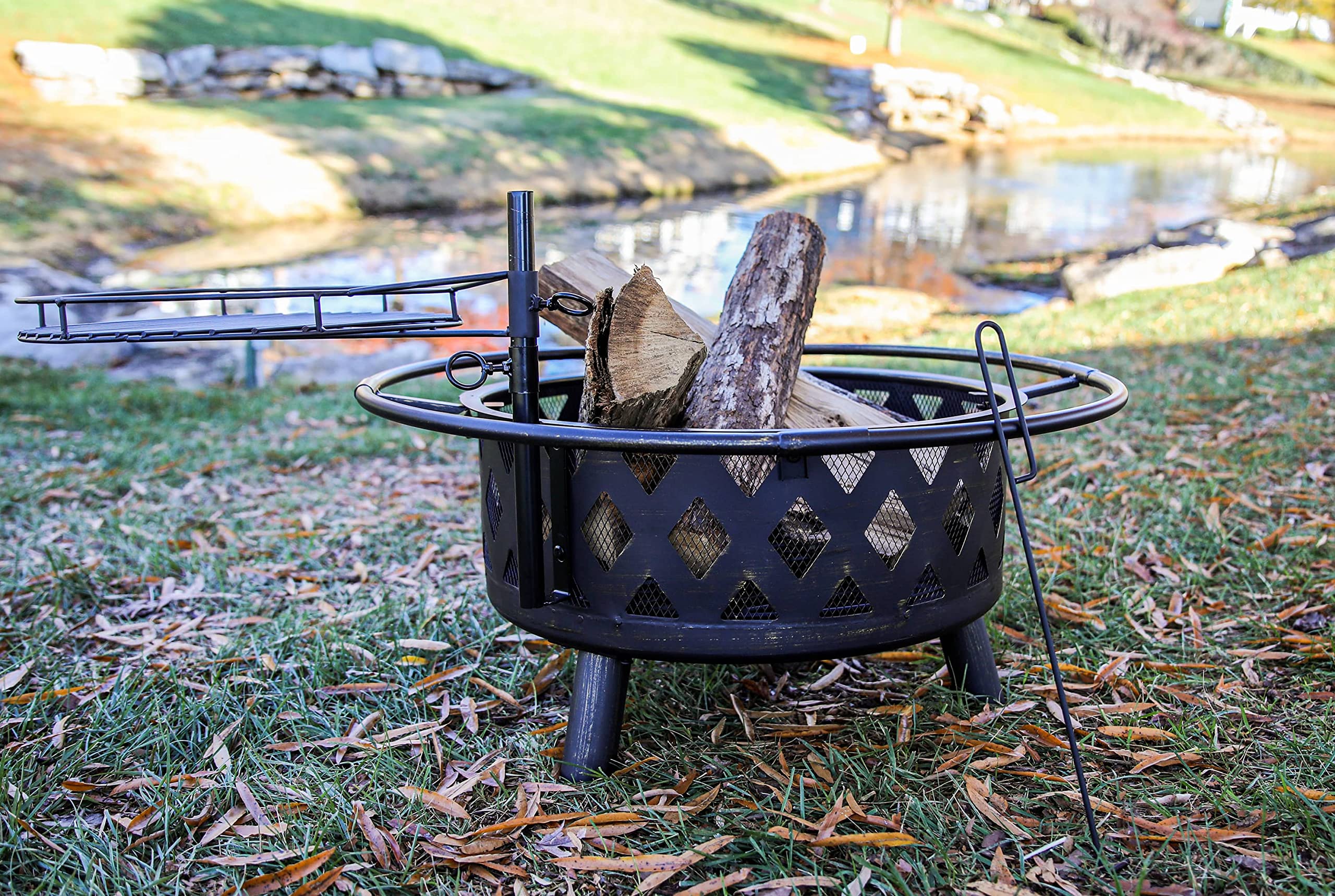 Outdoor Wood Burning Fire Pit with Cooking Grid, Weather Cover, Spark Screen & Poker - Heavy Duty Steel Fireplace for Backyard, Patio & Camping (Perfect for S'mores, BBQs & Outdoor Gatherings)