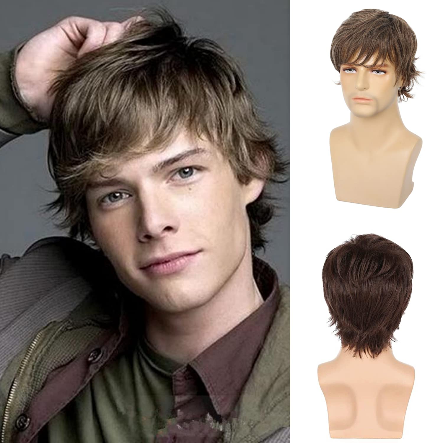 Natural Layered Brown Short Wigs for Men - Fluffy Synthetic Hair Wig with Wig Cap for Halloween Costume, Cosplay, Parties & Daily Fashion Styling