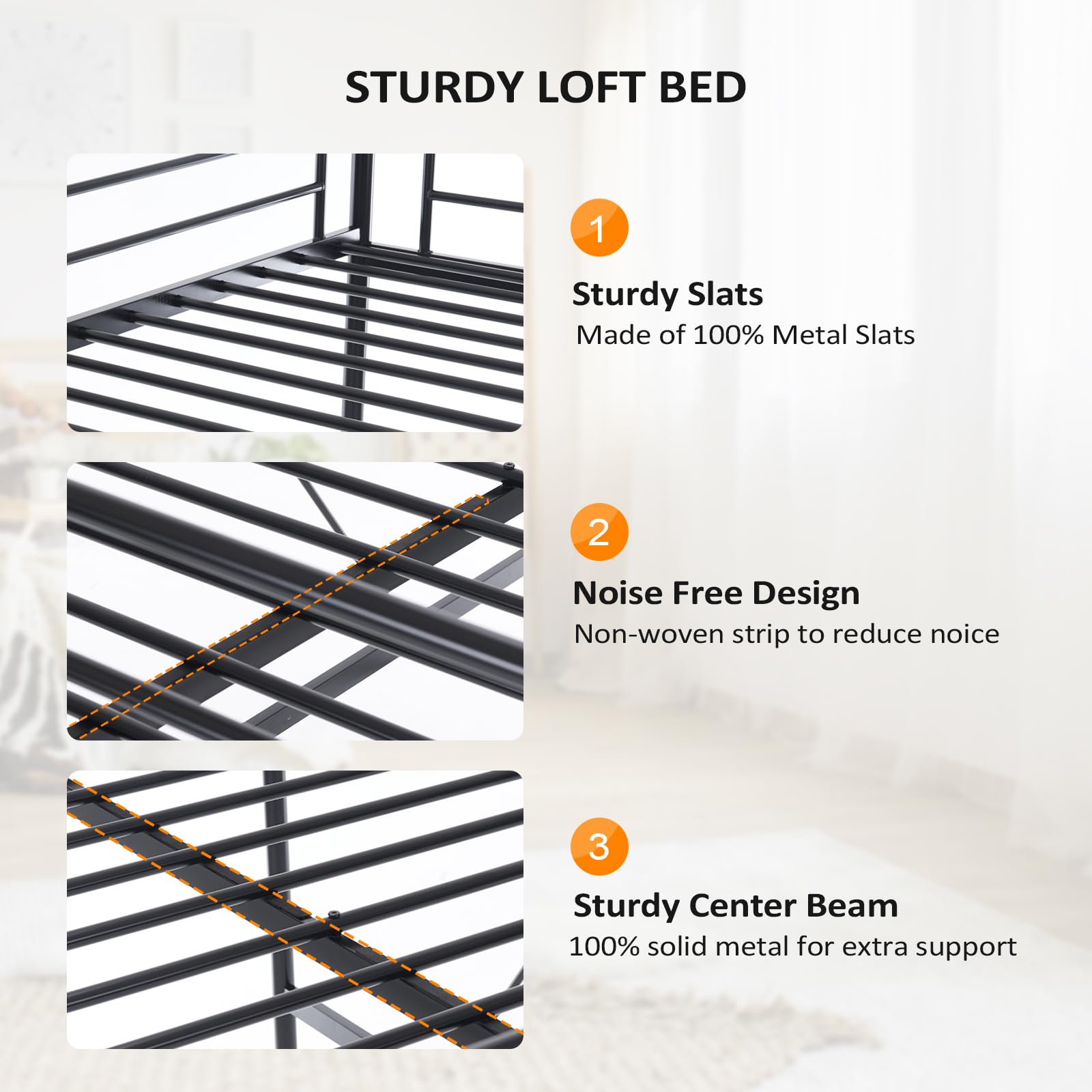 VINGLI Full Size Loft Bed with Flat Rungs - Sturdy Metal Slat Support for Adults, Kids & Teens - No Box Spring Needed - Perfect for Small Spaces, Dorm Rooms & Kids' Bedrooms