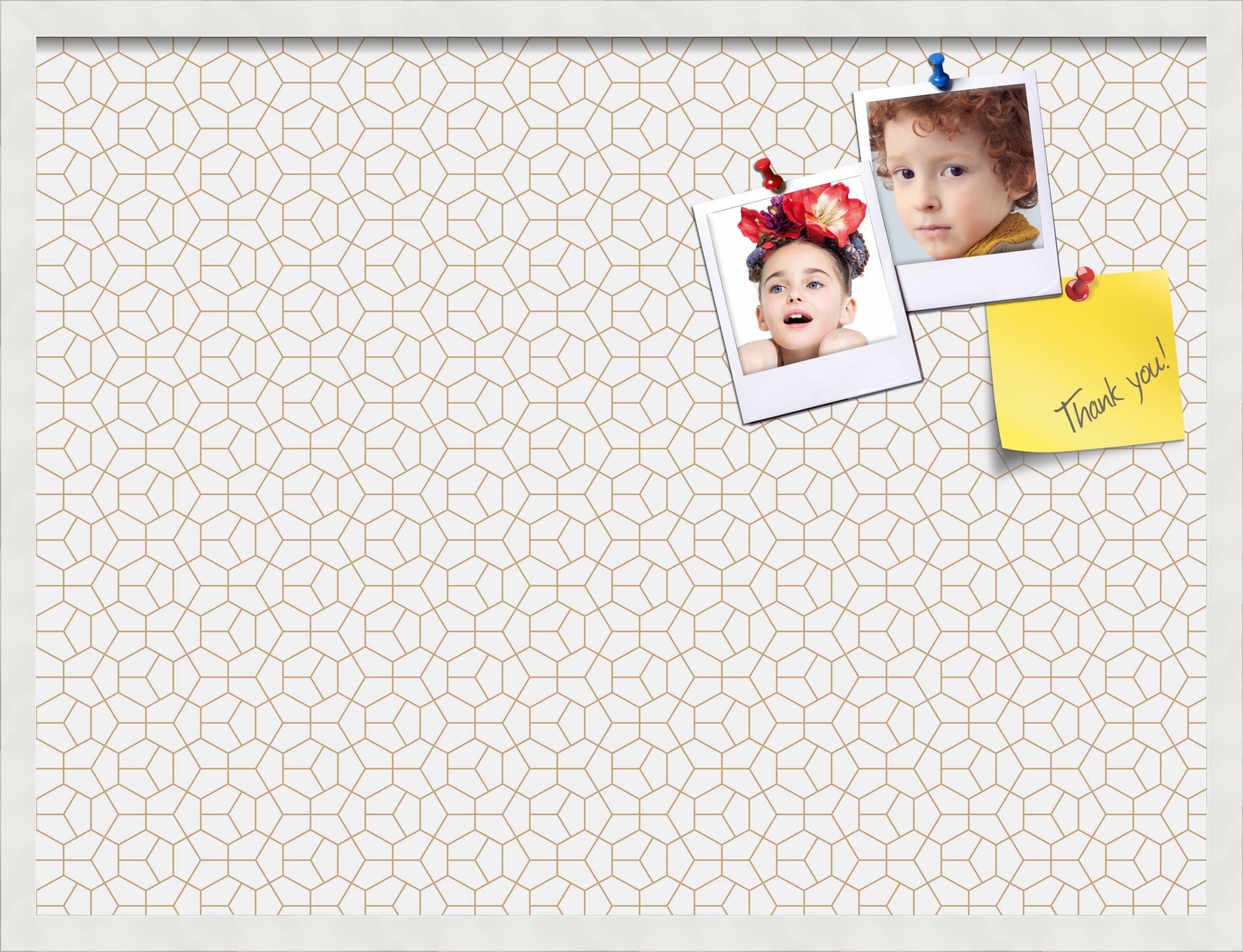 PinPix 32x24 Inch Cork Bulletin Board - Decorative Framed Pin Board with Modern Hex Gold Design & Satin White Frame - Perfect for Home Office Decor, School Classroom, Dorm Room Organization & Wall Memo Board (PinPix-1537)