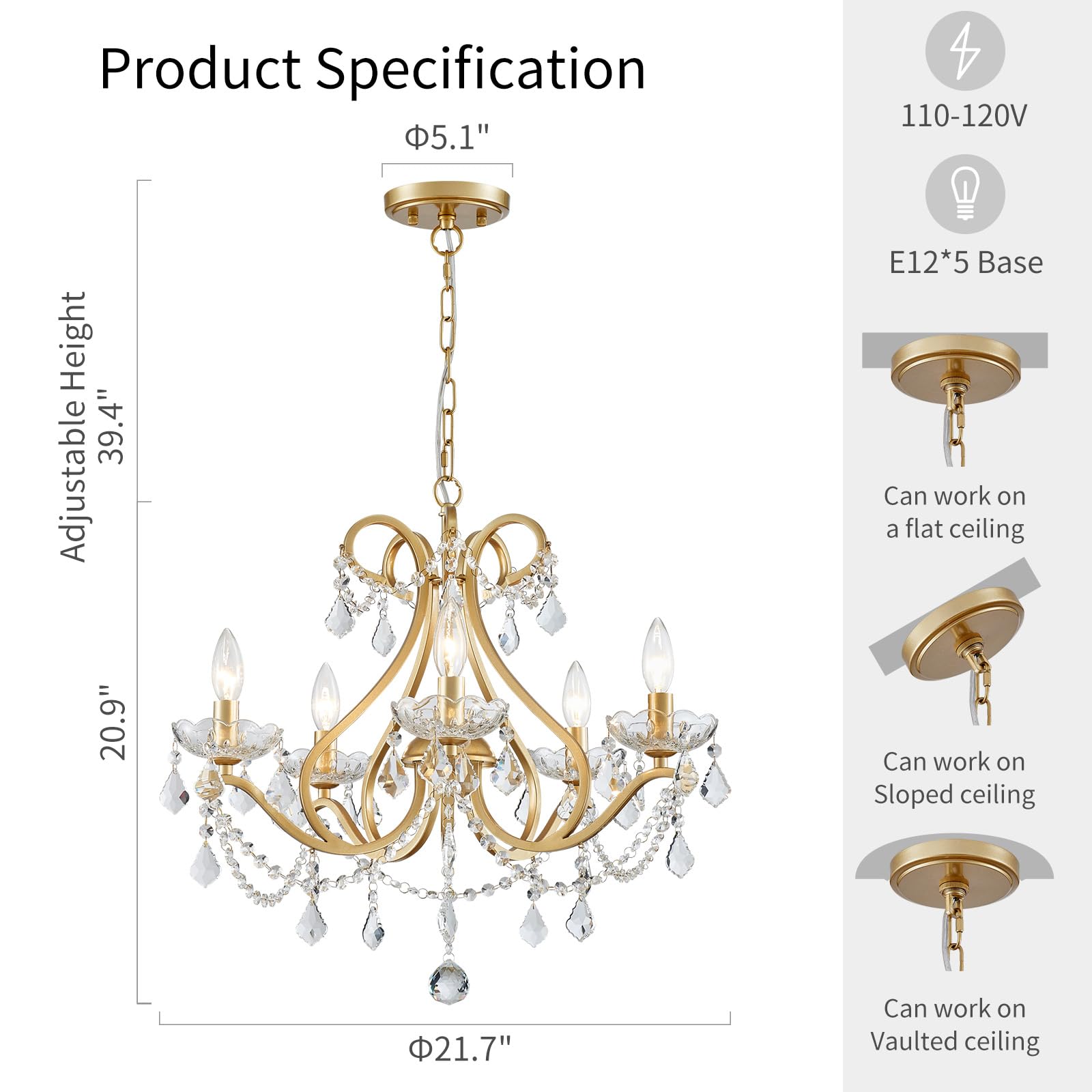 WUZUPS Modern 5-Light Crystal Chandelier Flush Mount Ceiling Light Fixture - Gold Finish, E12 Base, 20.9