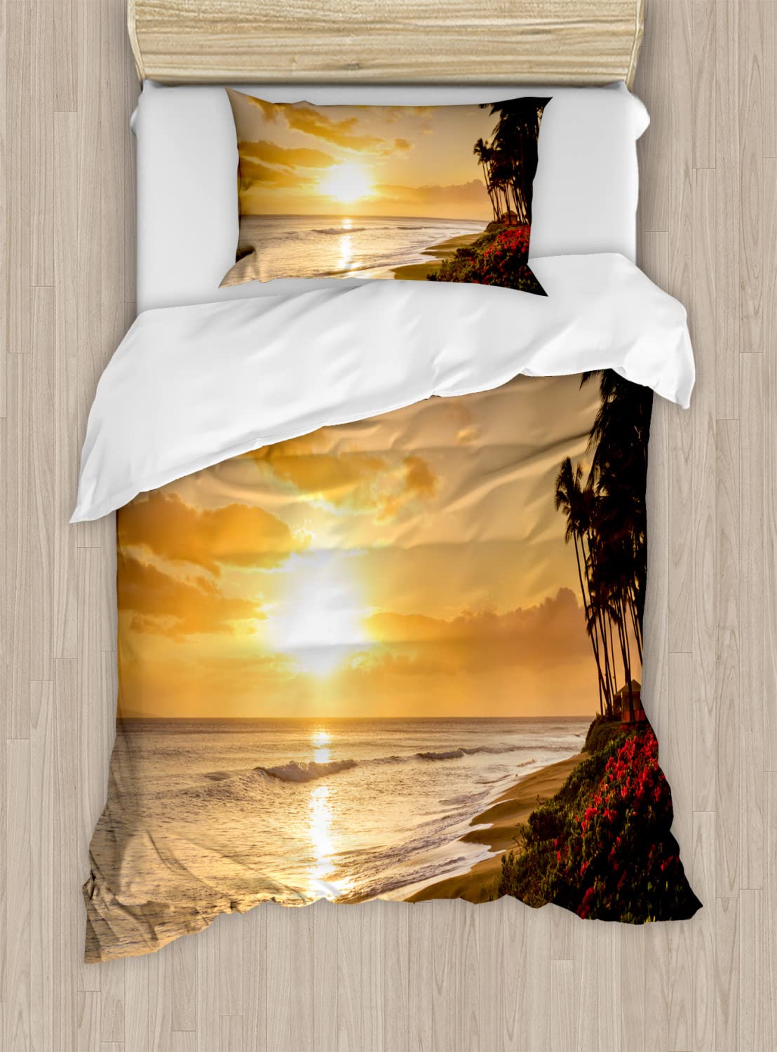 Ambesonne Hawaiian Duvet Cover Set - Tropical Sunset on Kaanapali Beach Maui, 2-Pack King Size Bedding Set with 2 Duvet Covers & 4 Pillowcases, Orange Green Pink Design - Perfect for Beach Themed Bedrooms, Vacation Homes & Tropical Decor