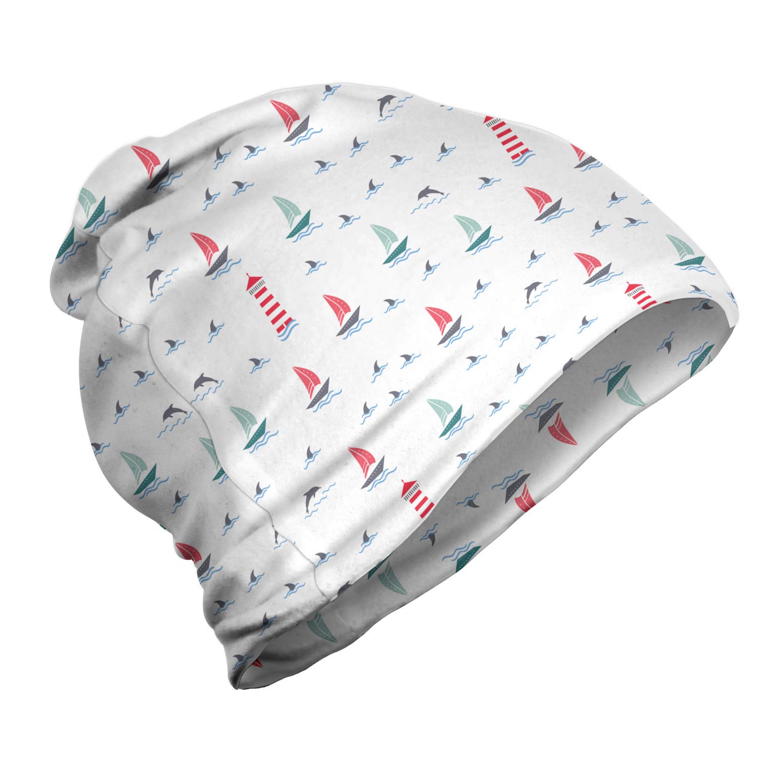 Ambesonne Unisex Beanie Hat - Marine Lighthouse Dolphins Design - Warm Winter Knit Cap for Men & Women - Perfect for Hiking, Outdoor Activities & Cold Weather