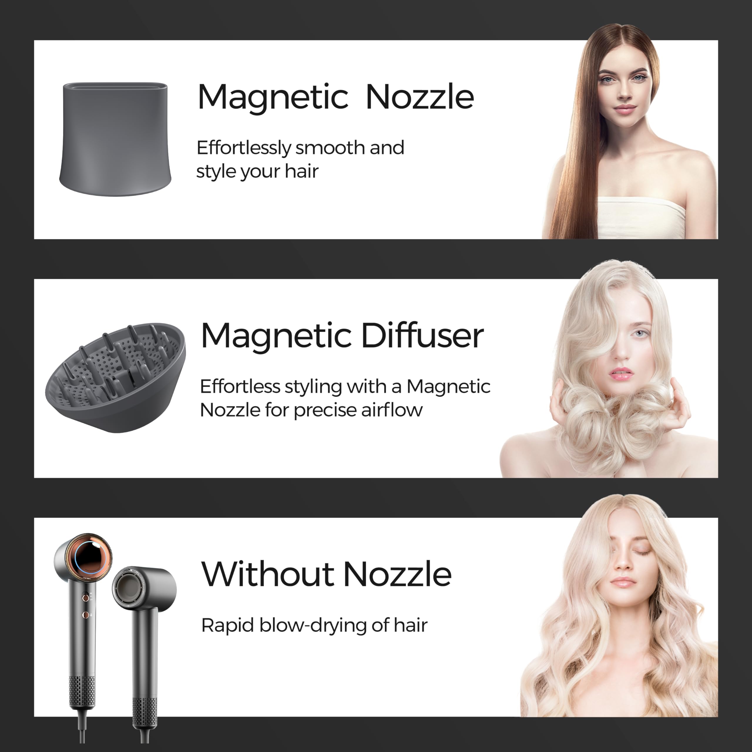Tideway H11 Hair Dryer 110000 RPM Professional High-Speed Blow Dryer with Plasma Technology - Fast Drying, Lightweight, Low Noise, 4 Temperature Settings & Magnetic Nozzle/Diffuser - Ideal for Travel, Home & Salon Use (Black)